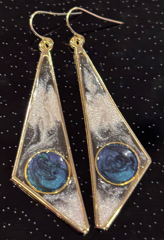Geometric Galaxy Dangle Earrings, Celestial Statement Earrings, Long Triangle Earrings, Modern Resin Jewelry, Gold Drop Earrings