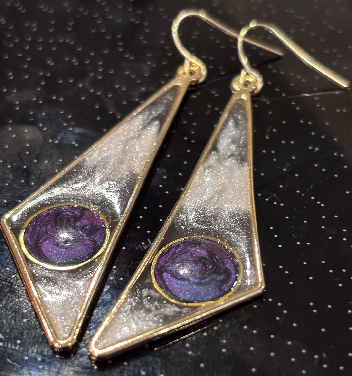Geometric Galaxy Dangle Earrings, Celestial Statement Earrings, Long Triangle Earrings, Modern Resin Jewelry, Gold Drop Earrings