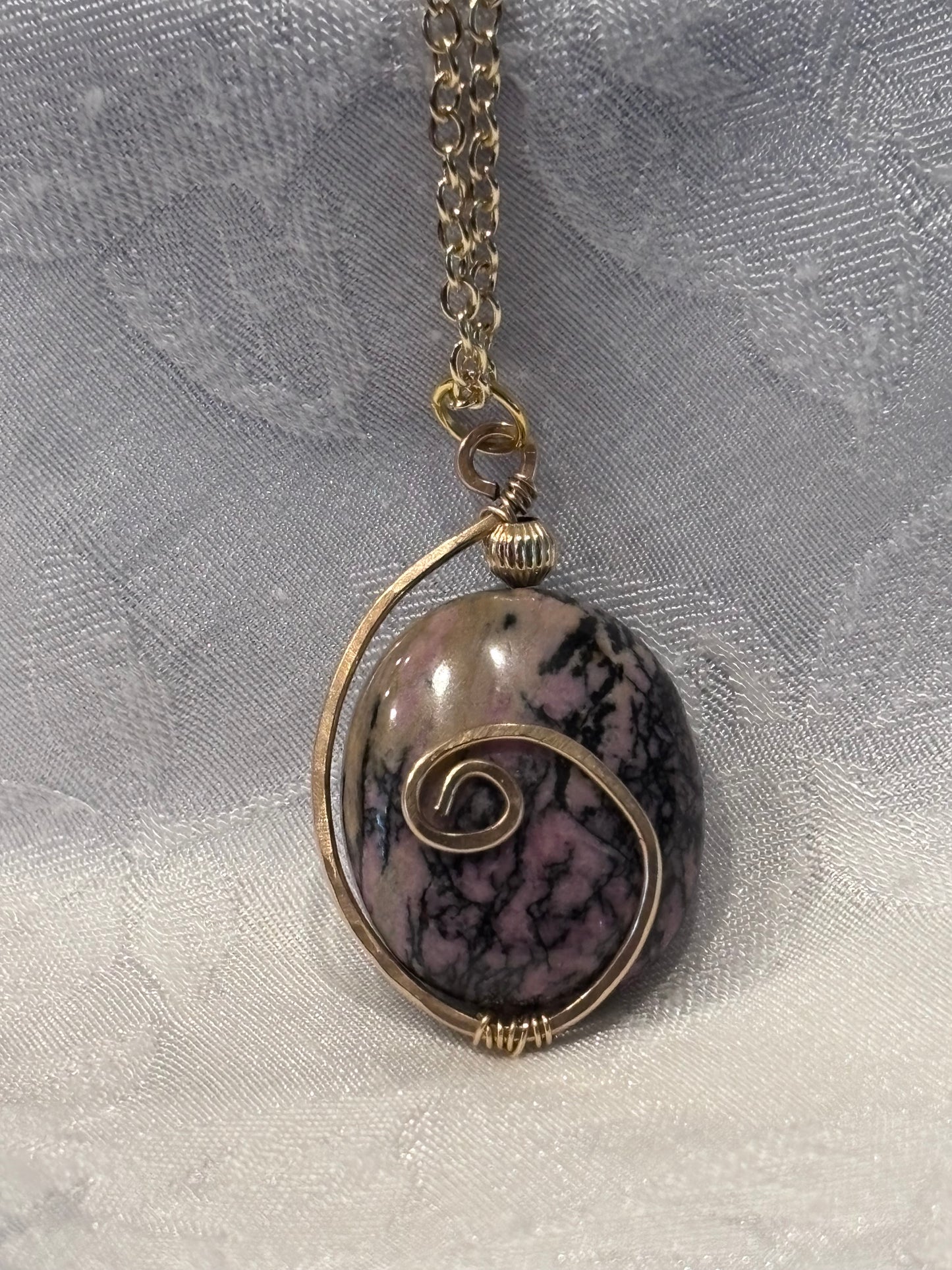 Rhodonite Wire Wrapped Pendant Necklace, Pink Stone Jewelry, Handmade Gold Swirl Pendant, Natural Gemstone Necklace, Gift for Her