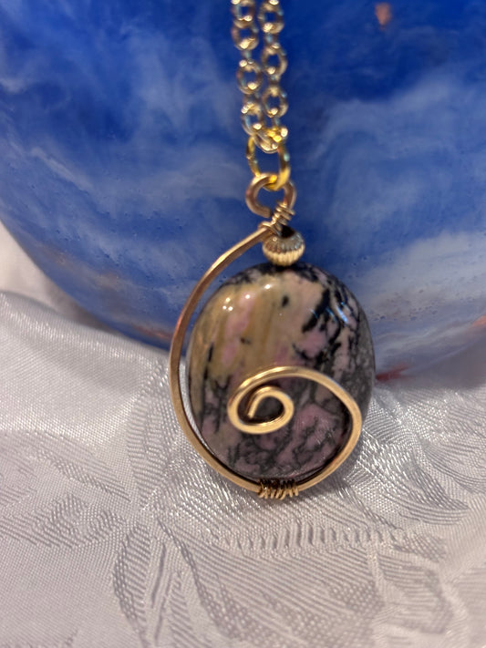 Rhodonite Wire Wrapped Pendant Necklace, Pink Stone Jewelry, Handmade Gold Swirl Pendant, Natural Gemstone Necklace, Gift for Her