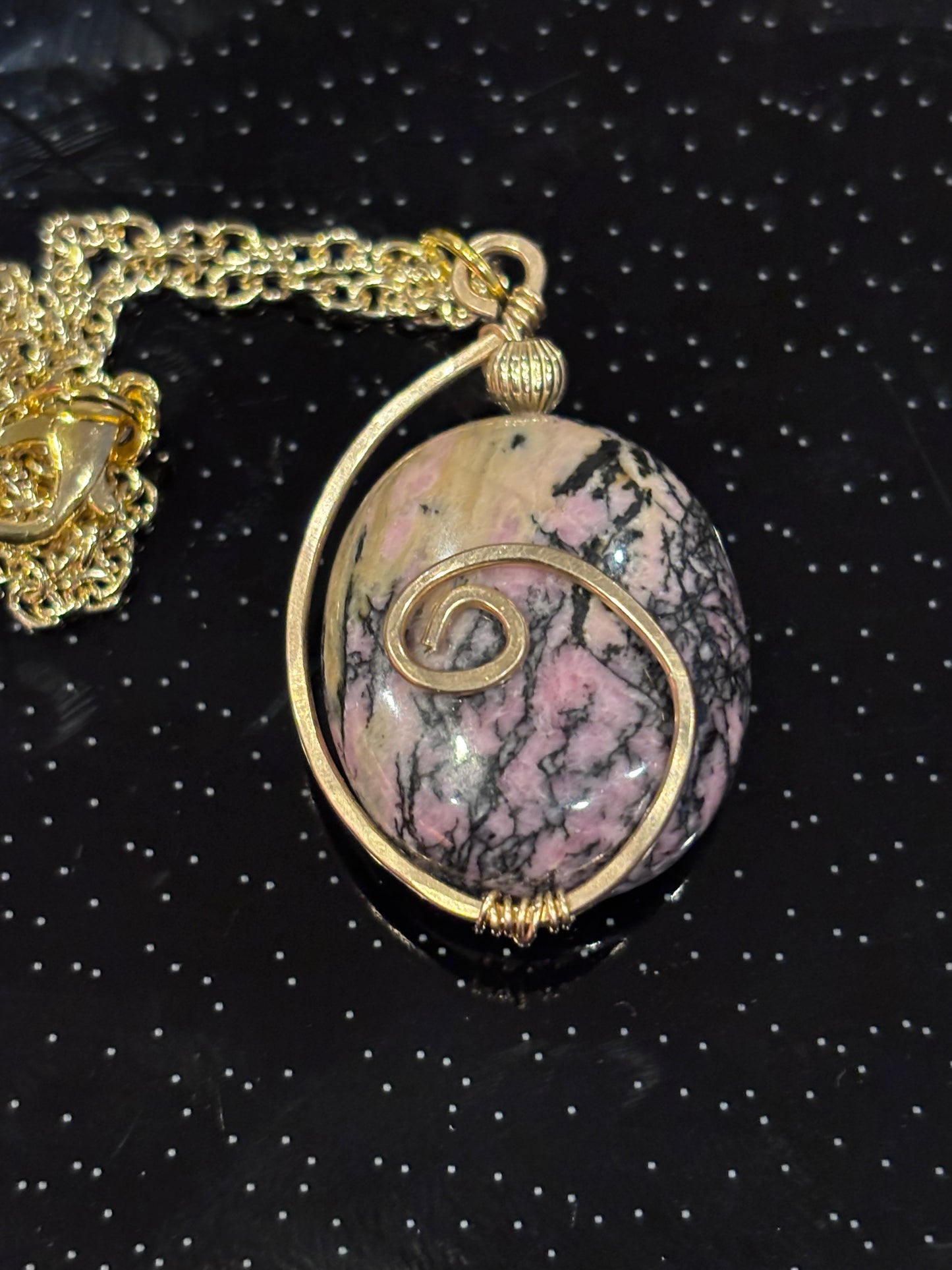 Rhodonite Wire Wrapped Pendant Necklace, Pink Stone Jewelry, Handmade Gold Swirl Pendant, Natural Gemstone Necklace, Gift for Her
