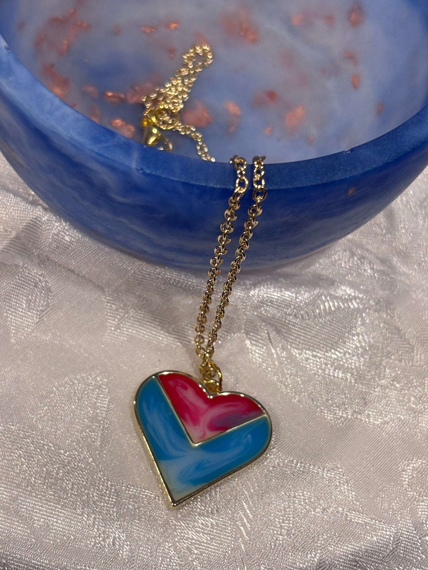 Colorful Heart Pendant Necklace, Pink and Blue Resin Heart, Cute Statement Necklace, Gold Chain Heart Jewelry, Gift for Her