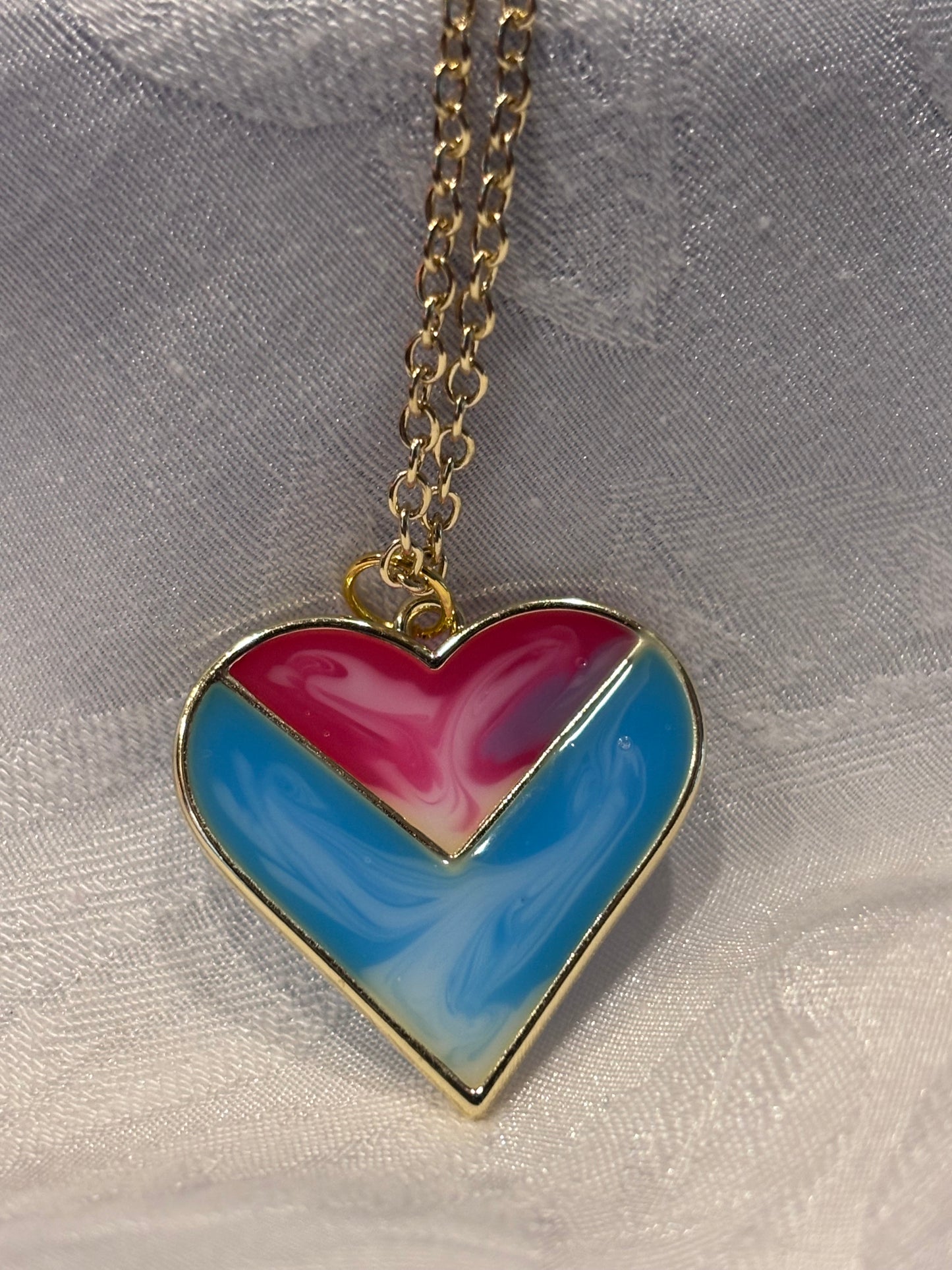 Colorful Heart Pendant Necklace, Pink and Blue Resin Heart, Cute Statement Necklace, Gold Chain Heart Jewelry, Gift for Her