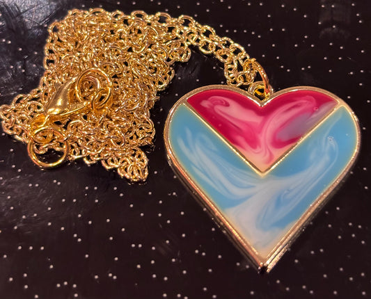 Colorful Heart Pendant Necklace, Pink and Blue Resin Heart, Cute Statement Necklace, Gold Chain Heart Jewelry, Gift for Her