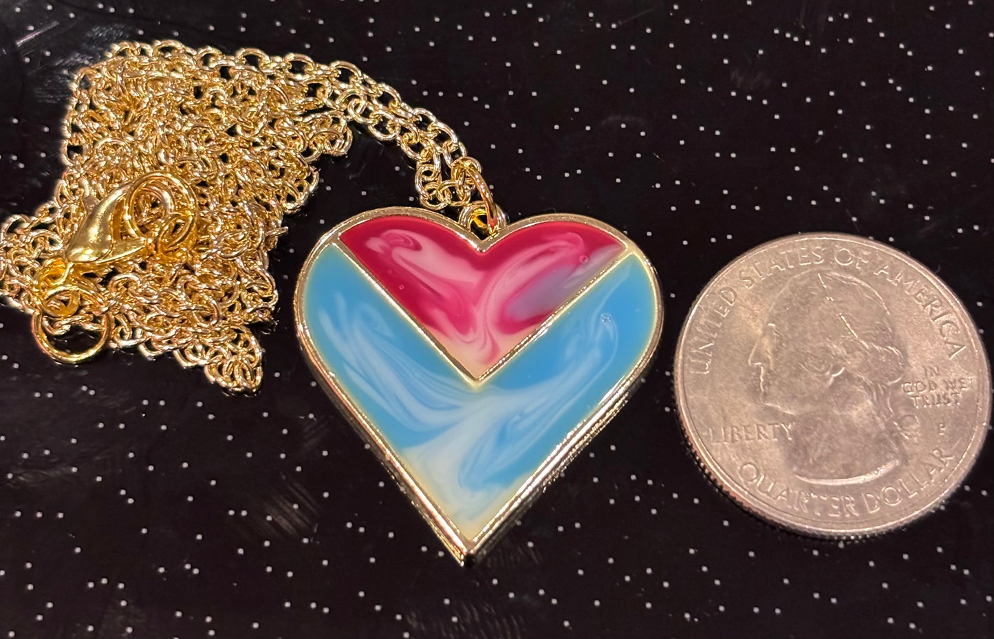 Colorful Heart Pendant Necklace, Pink and Blue Resin Heart, Cute Statement Necklace, Gold Chain Heart Jewelry, Gift for Her
