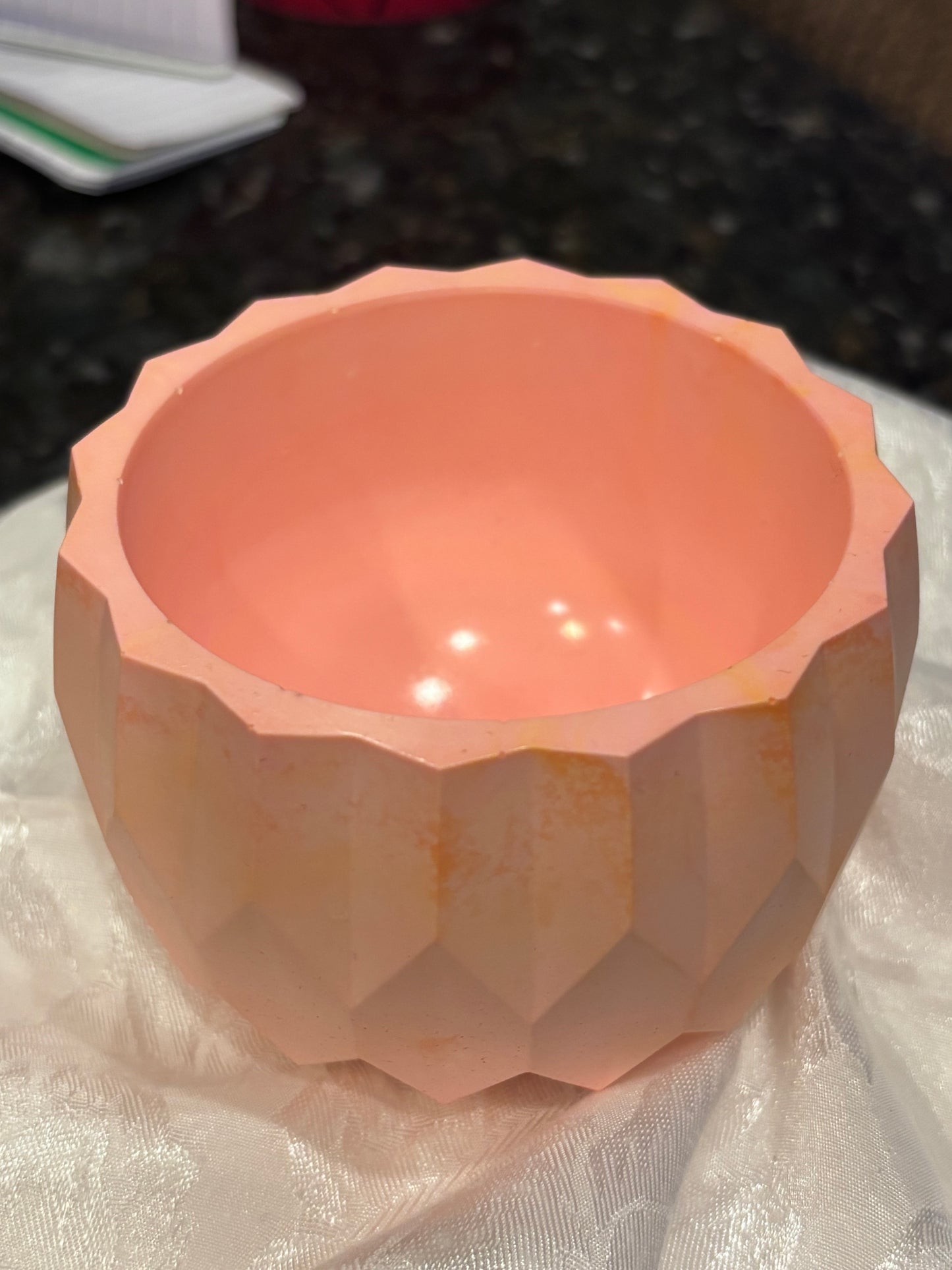 Blush Pink/Coral Ceramic Resin Jewelry Dish, Faceted Trinket Bowl, Planter, Handmade Vanity Decor, Minimalist Catchall Dish