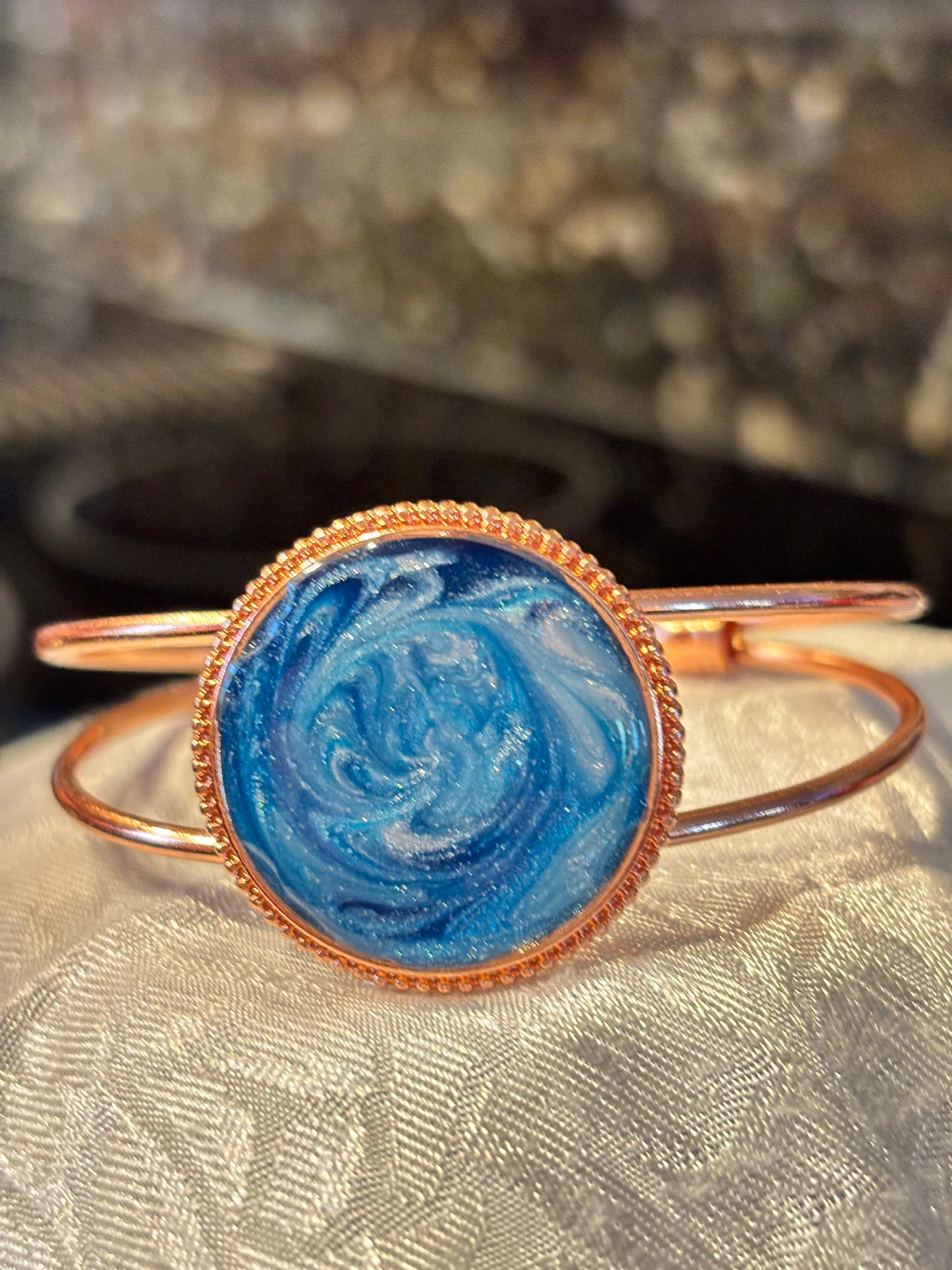 Blue Swirl Resin Cuff Bracelet, Ocean Inspired Bangle, Galaxy Style Jewelry, Teal Shimmer Bracelet, Statement Cuff Gift for Her