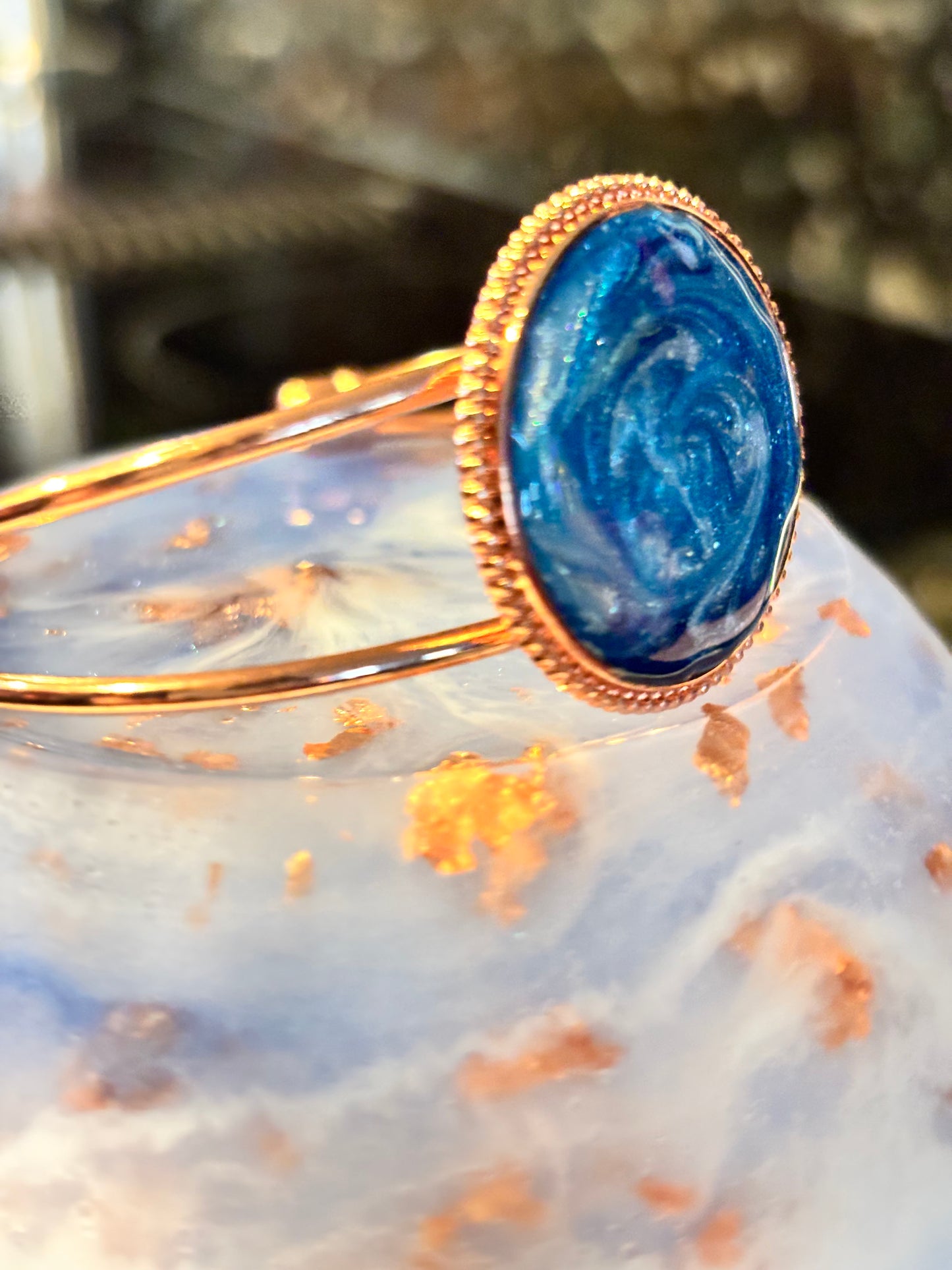 Blue Swirl Resin Cuff Bracelet, Ocean Inspired Bangle, Galaxy Style Jewelry, Teal Shimmer Bracelet, Statement Cuff Gift for Her
