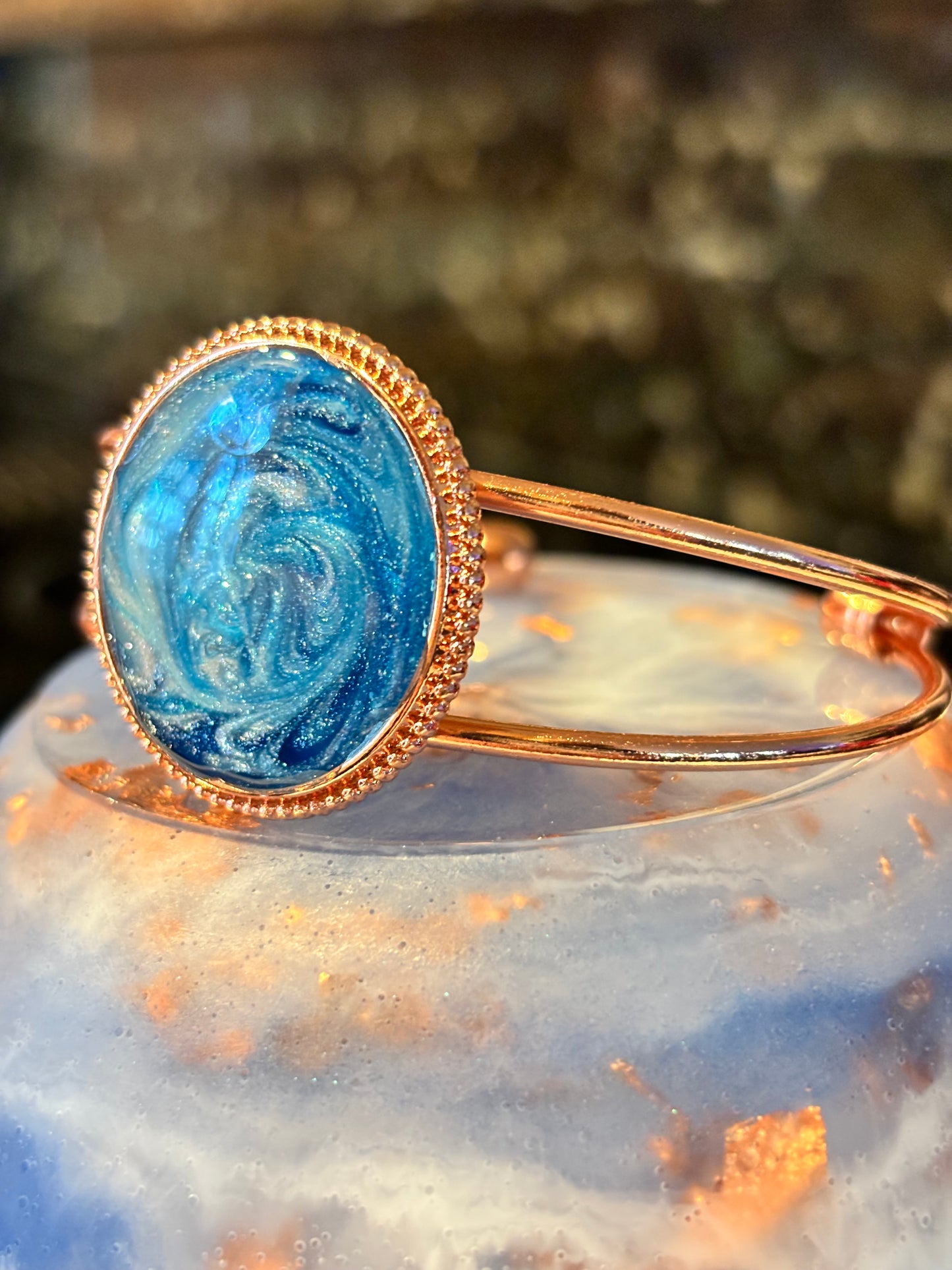 Blue Swirl Resin Cuff Bracelet, Ocean Inspired Bangle, Galaxy Style Jewelry, Teal Shimmer Bracelet, Statement Cuff Gift for Her