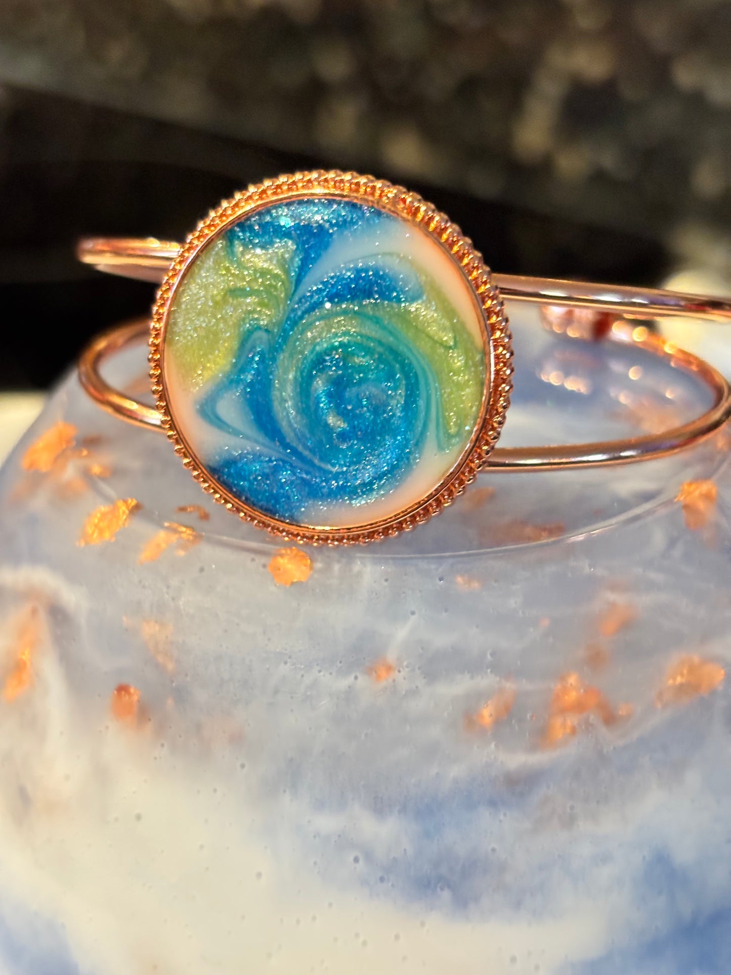 Ocean Swirl Resin Cuff Bracelet, Blue Green Coastal Jewelry, Beach Inspired Bangle, Summer Statement Bracelet, Gift for Her
