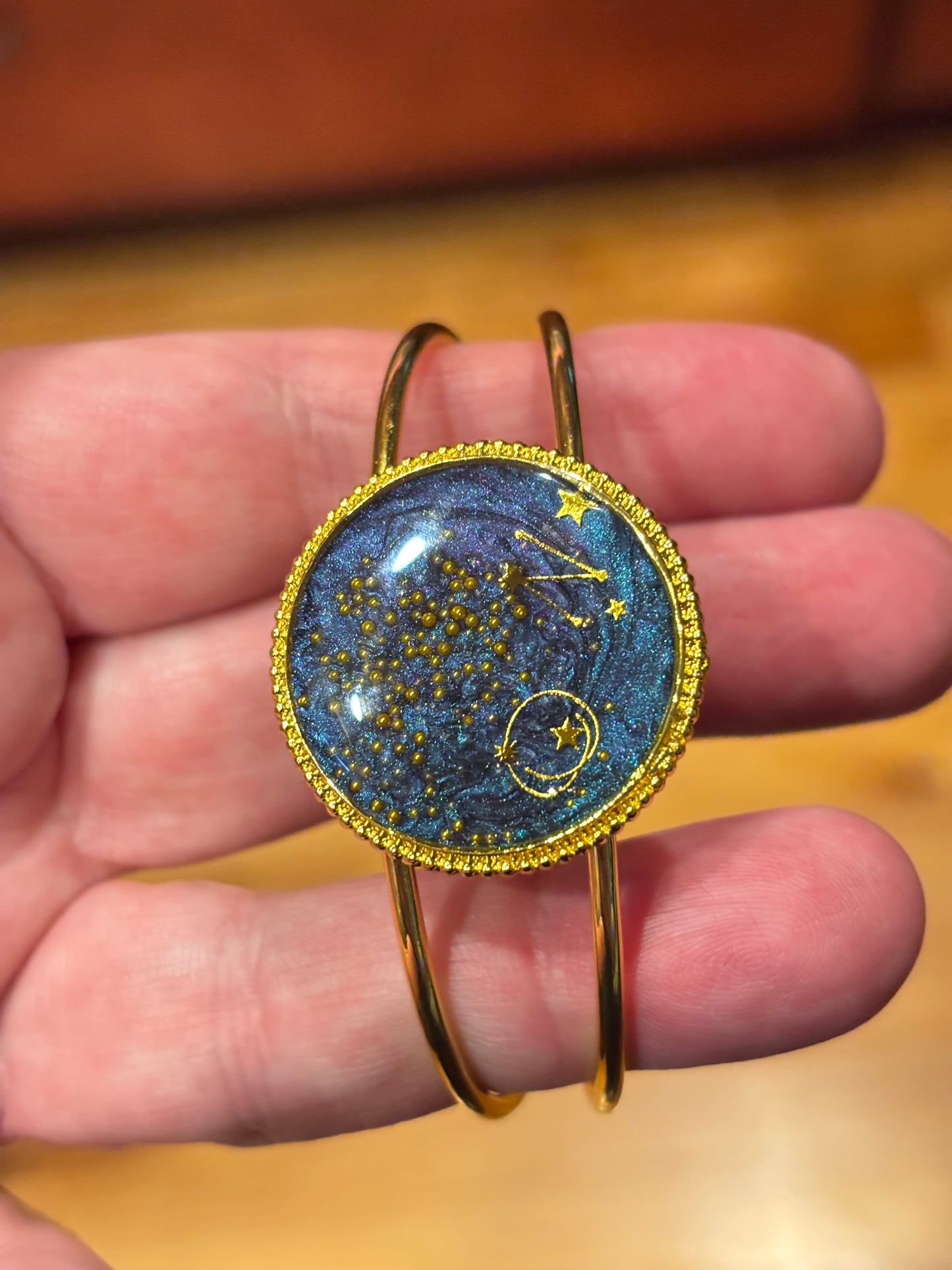Celestial Resin Cuff Bracelet, Galaxy Star Jewelry, Night Sky Bangle, Gold Cosmic Bracelet, Constellation Jewelry, Gift for Her