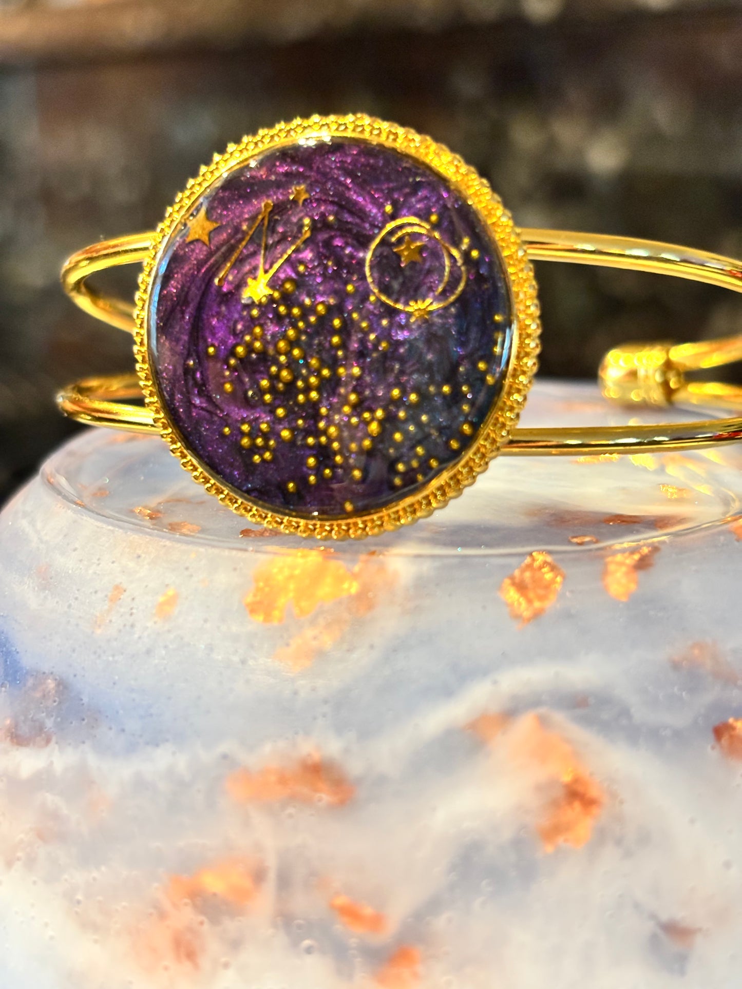 Celestial Resin Cuff Bracelet, Galaxy Star Jewelry, Night Sky Bangle, Gold Cosmic Bracelet, Constellation Jewelry, Gift for Her