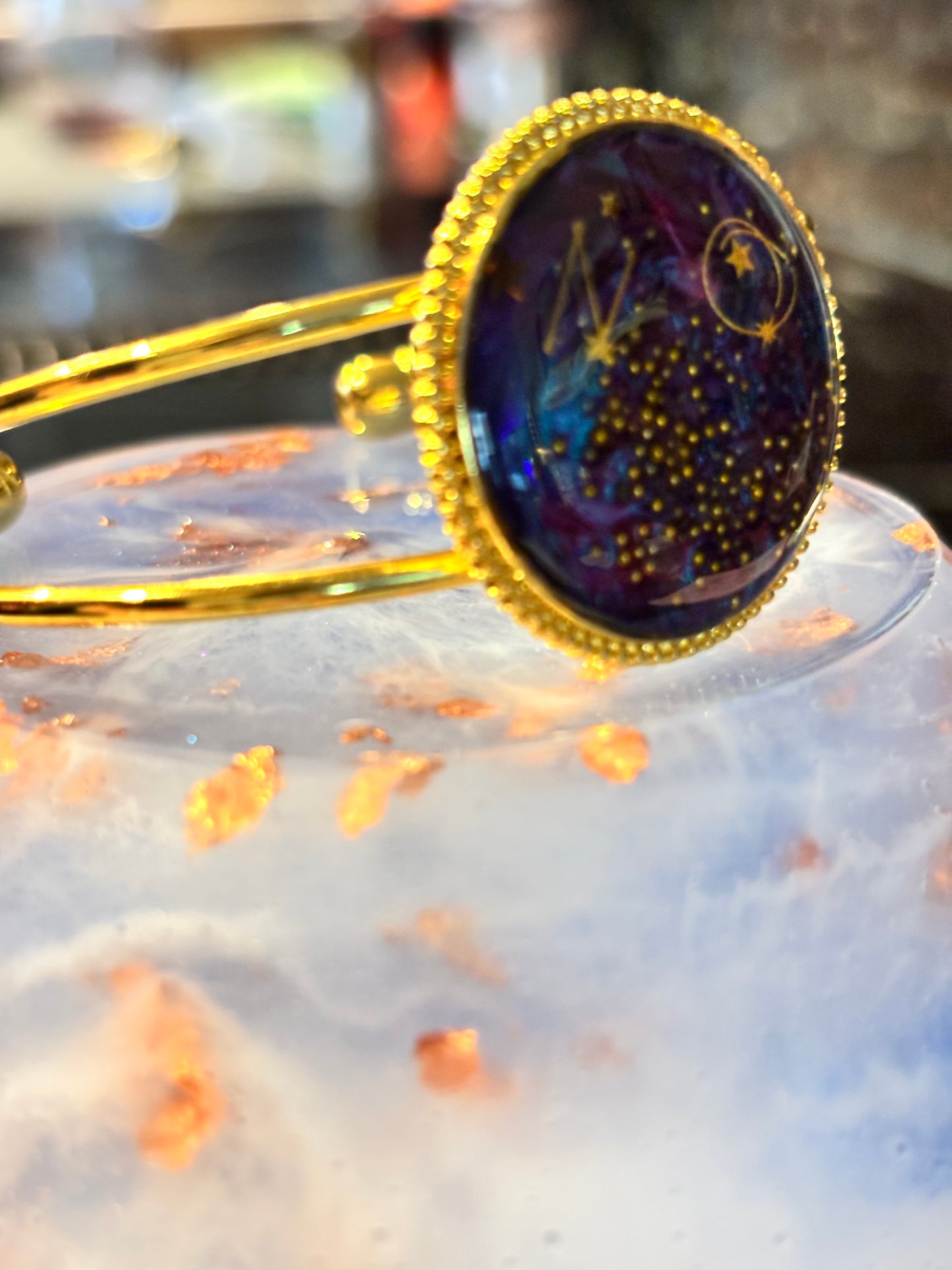 Celestial Resin Cuff Bracelet, Galaxy Star Jewelry, Night Sky Bangle, Gold Cosmic Bracelet, Constellation Jewelry, Gift for Her