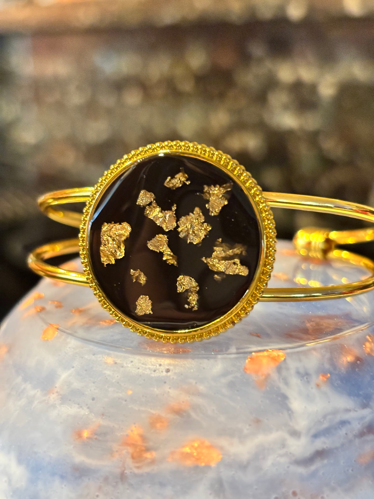 Black and Gold Resin Cuff Bracelet, Gold Leaf Bangle, Elegant Minimalist Jewelry, Modern Statement Bracelet, Gift for Her