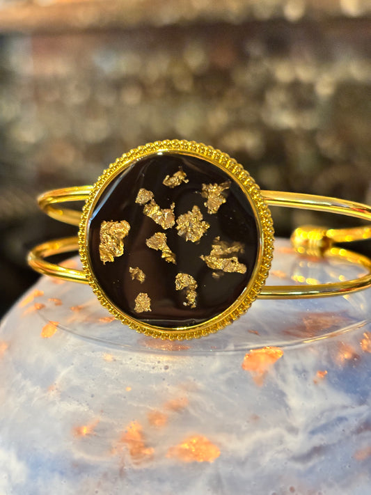 Black and Gold Resin Cuff Bracelet, Gold Leaf Bangle, Elegant Minimalist Jewelry, Modern Statement Bracelet, Gift for Her