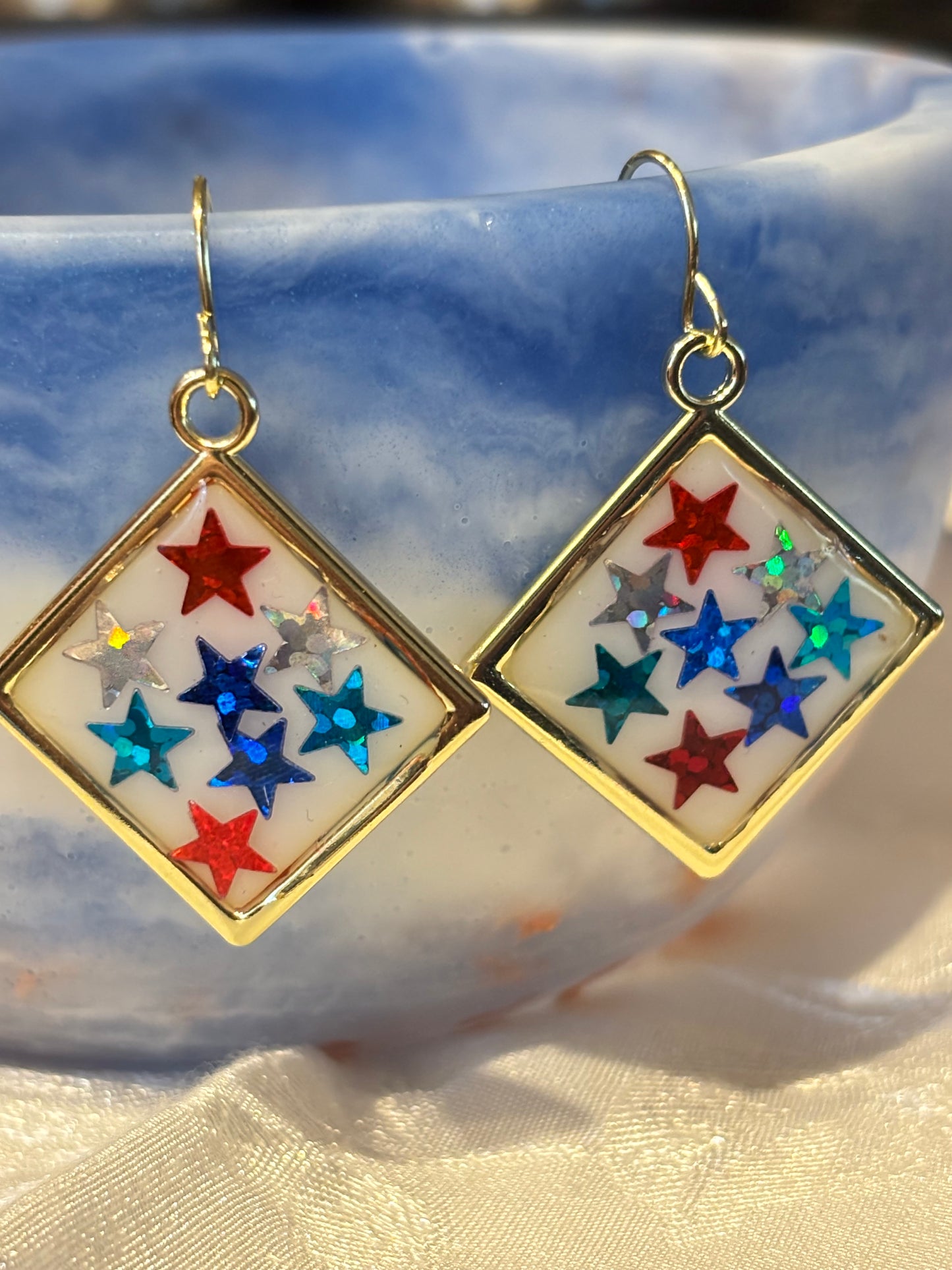 Patriotic Star Dangle Earrings, Red White Blue Earrings, 4th of July Jewelry, Americana Earrings, Festive Star Statement Earrings