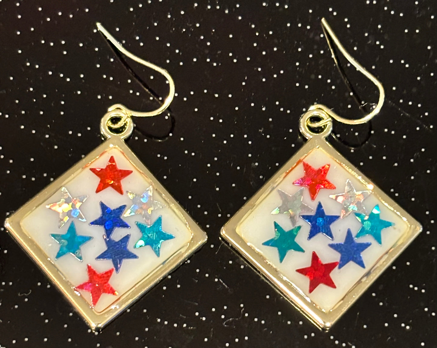 Patriotic Star Dangle Earrings, Red White Blue Earrings, 4th of July Jewelry, Americana Earrings, Festive Star Statement Earrings