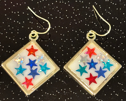 Patriotic Star Dangle Earrings, Red White Blue Earrings, 4th of July Jewelry, Americana Earrings, Festive Star Statement Earrings