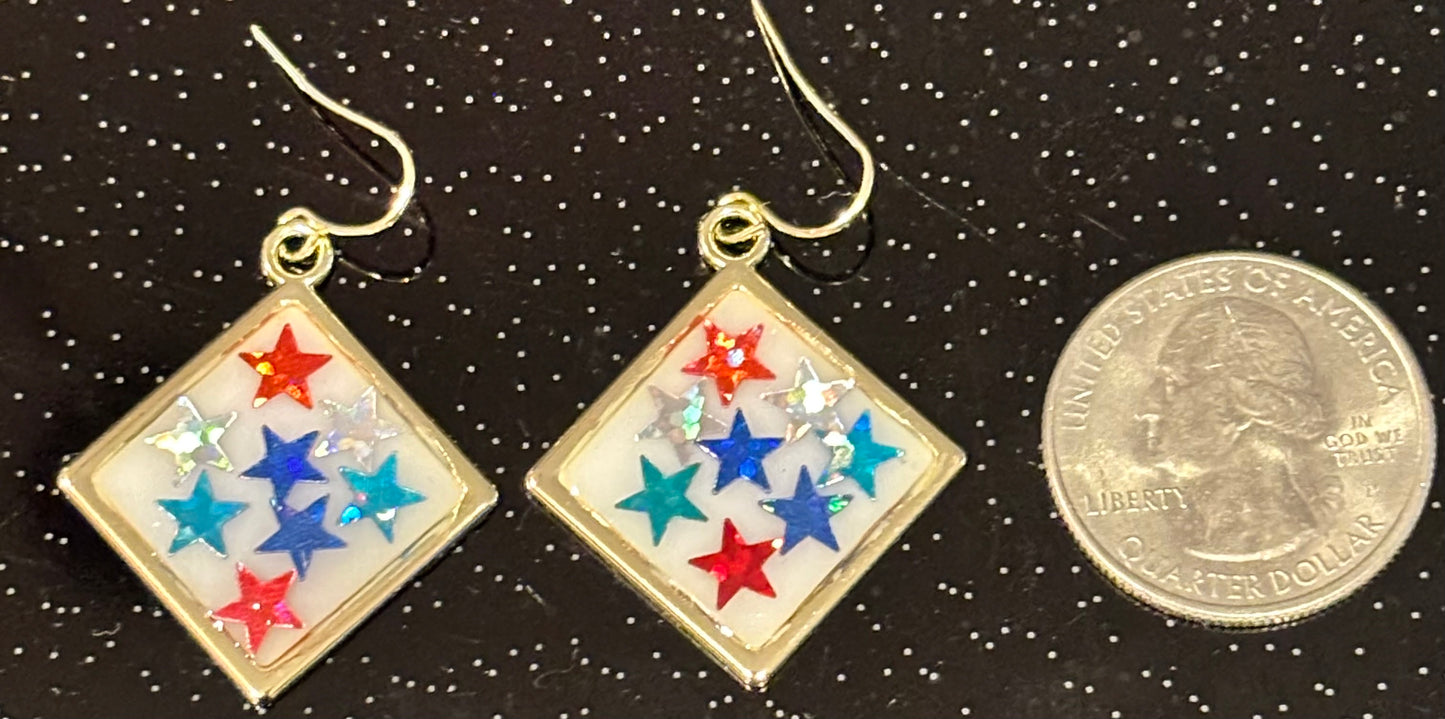 Patriotic Star Dangle Earrings, Red White Blue Earrings, 4th of July Jewelry, Americana Earrings, Festive Star Statement Earrings