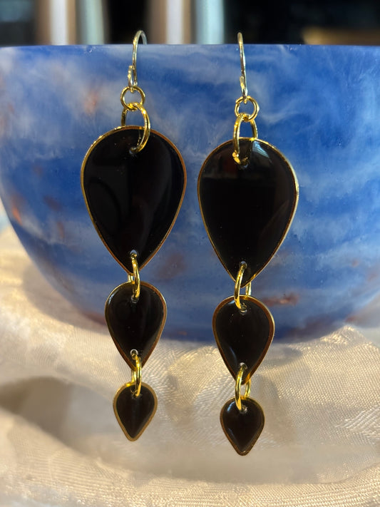 Black Teardrop Dangle Earrings with Gold Trim | Minimalist Statement Jewelry | Lightweight Handmade Earrings