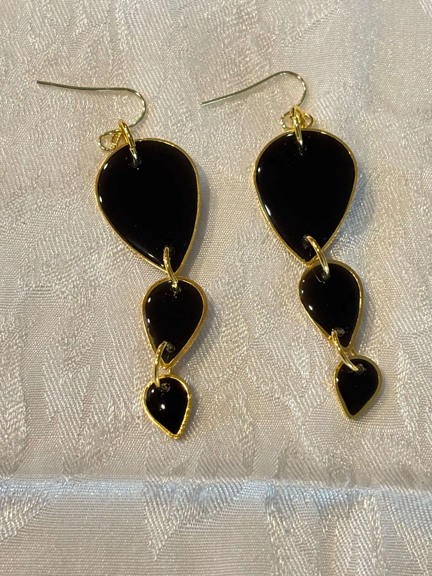 Black Teardrop Dangle Earrings with Gold Trim | Minimalist Statement Jewelry | Lightweight Handmade Earrings