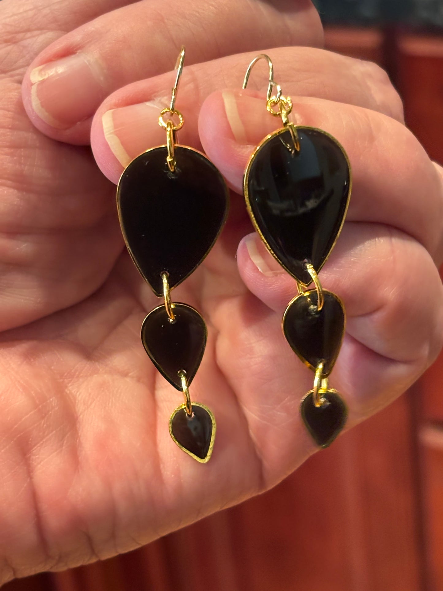 Black Teardrop Dangle Earrings with Gold Trim | Minimalist Statement Jewelry | Lightweight Handmade Earrings