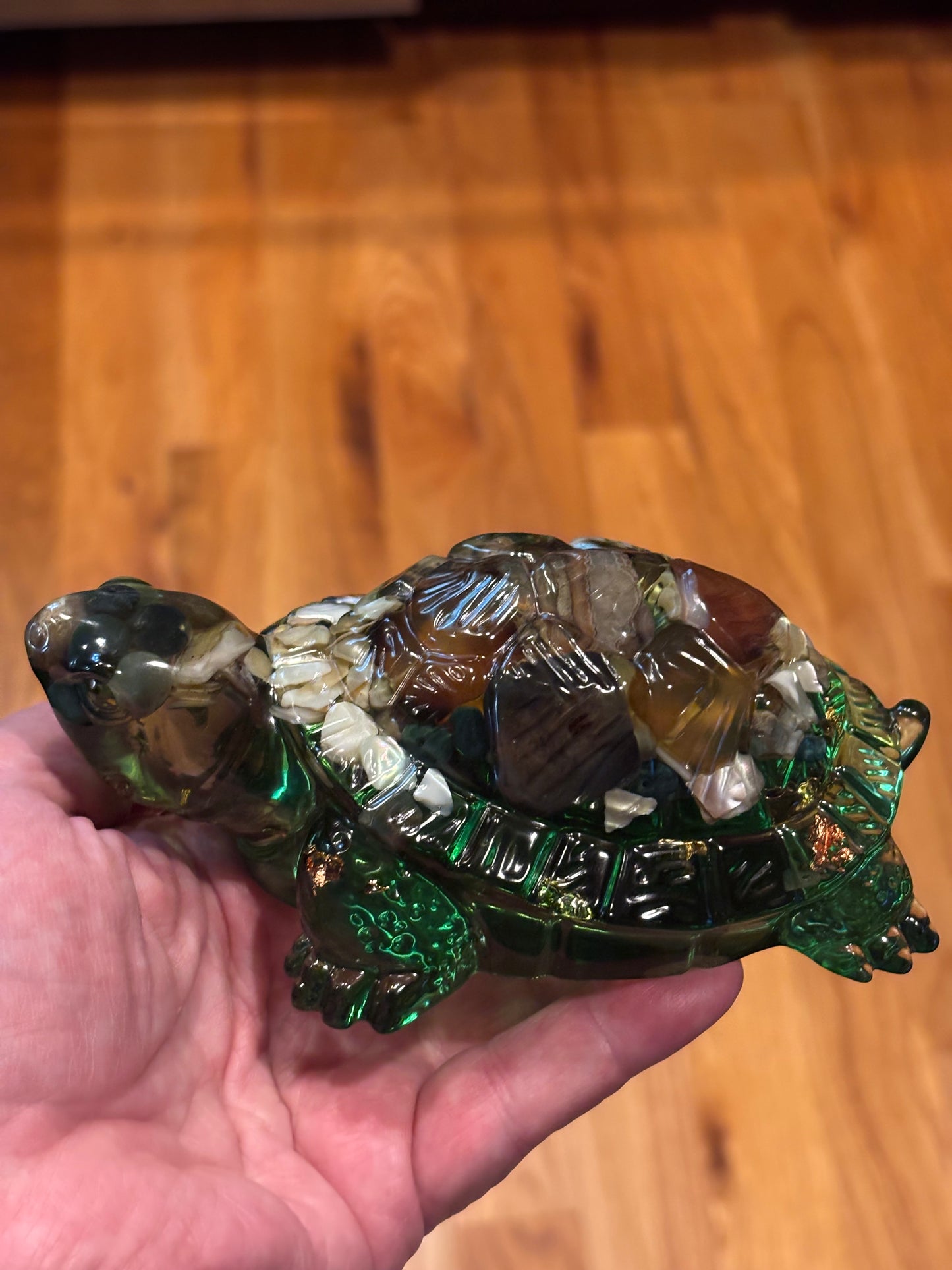 Handmade Resin Turtle with Jasper & Shell Inlay, LED Display Base Option, Ocean Decor, Crystal Turtle Figurine, Coastal Home Accent