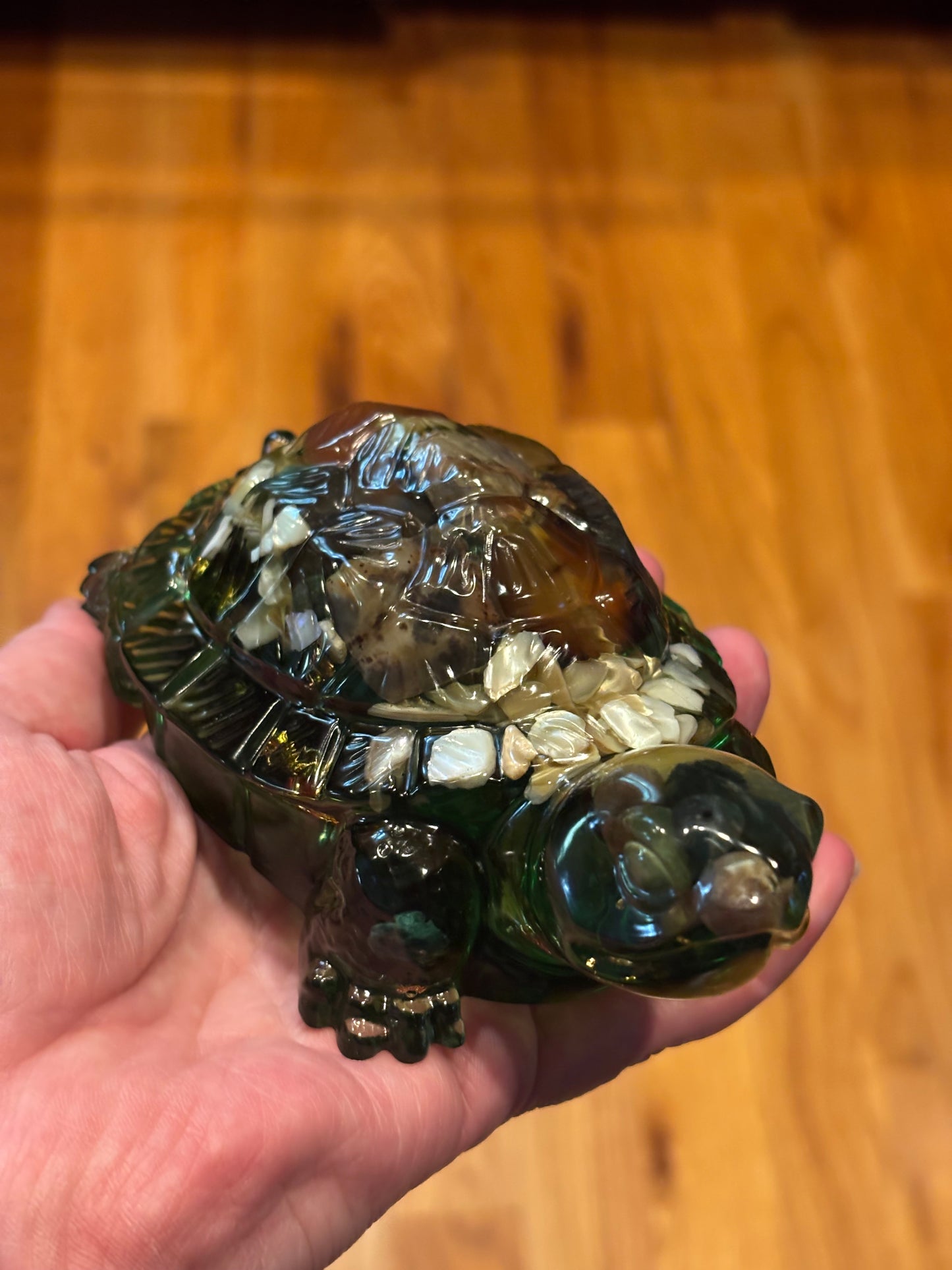 Handmade Resin Turtle with Jasper & Shell Inlay, LED Display Base Option, Ocean Decor, Crystal Turtle Figurine, Coastal Home Accent
