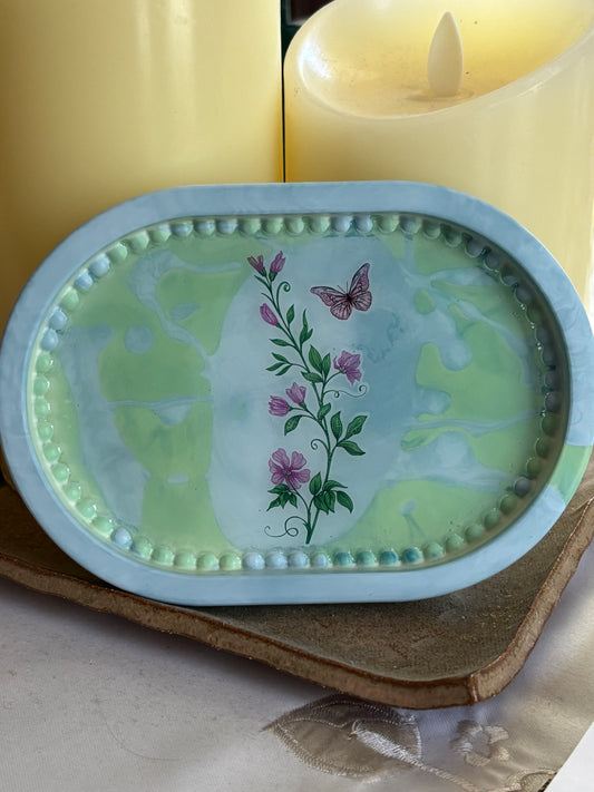 Floral Trinket Tray with Butterfly, Cottagecore Jewelry Dish, Handmade Eco Resin Catchall, Botanical Ring Holder, Soft Green Decor