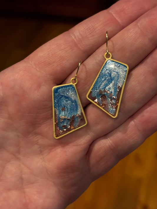 Ocean Resin Dangle Earrings with Copper Flakes | Blue Abstract Drop Earrings | Coastal Inspired Handmade Jewelry | Lightweight Statement Earrings