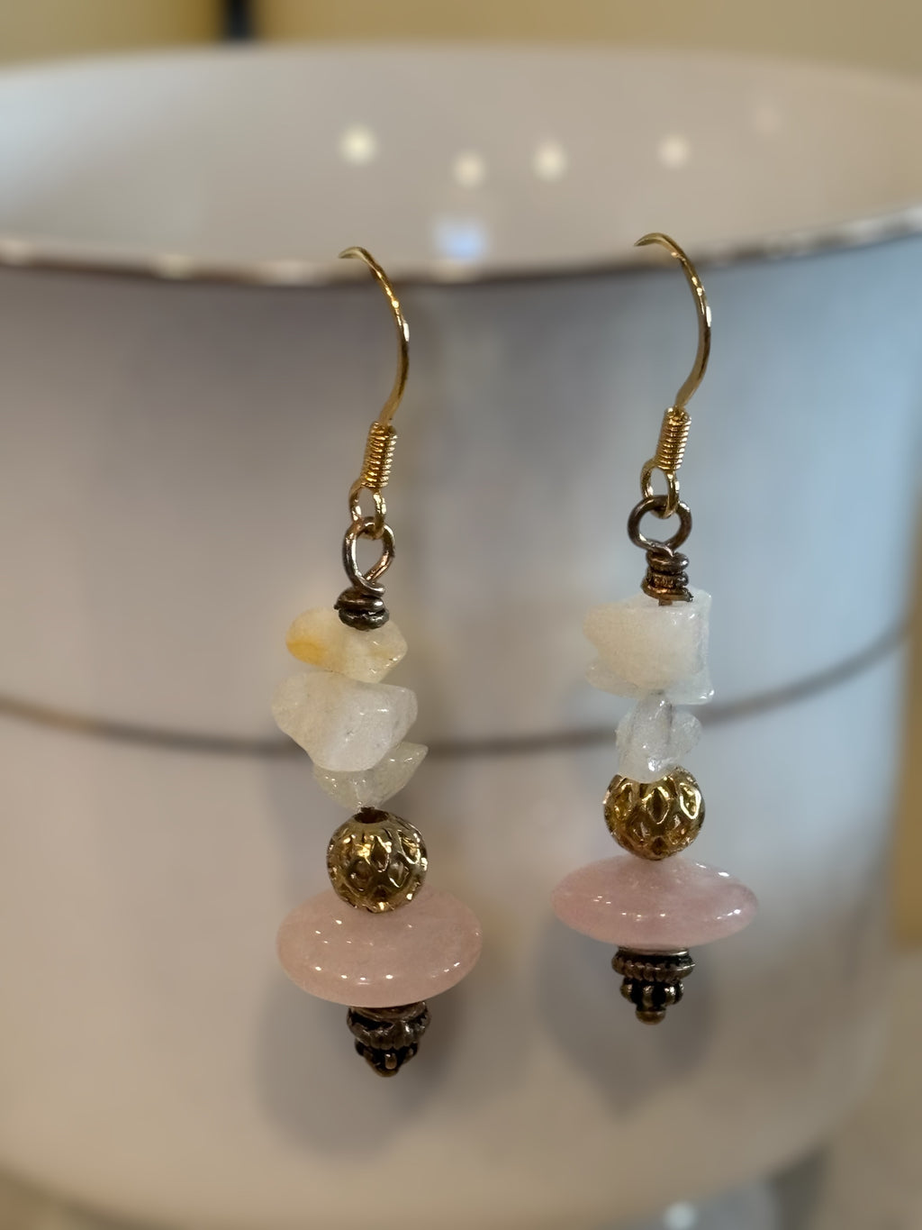 Pineapple Quartz Earrings, Natural Stone Dangle Earrings, Soft Pink and Off-White Gemstone Jewelry, Handmade Gift