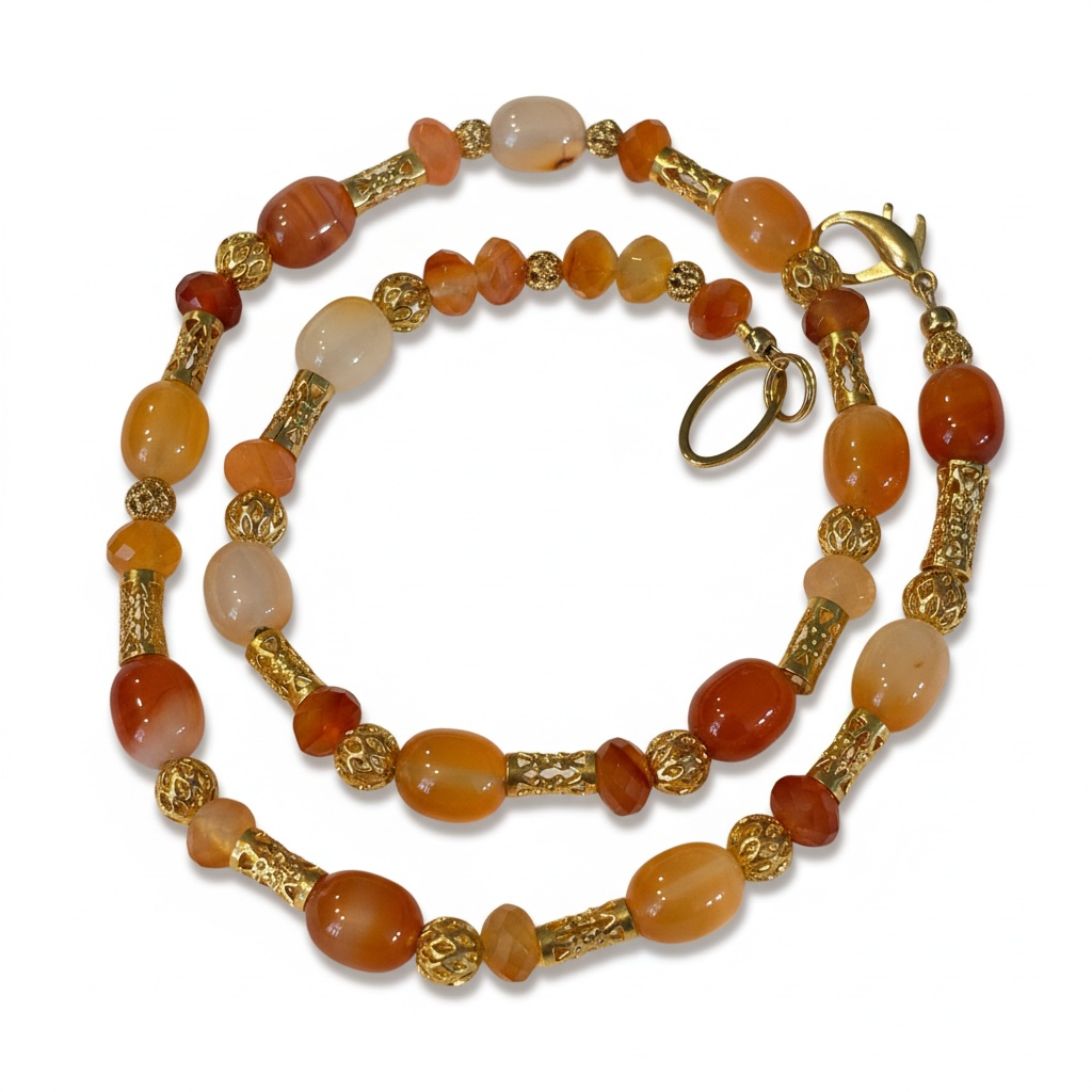 Dragon’s Tears Carnelian Necklace, 16 Inch Gemstone Necklace with Gold Filigree Spacers, Handmade Statement Jewelry