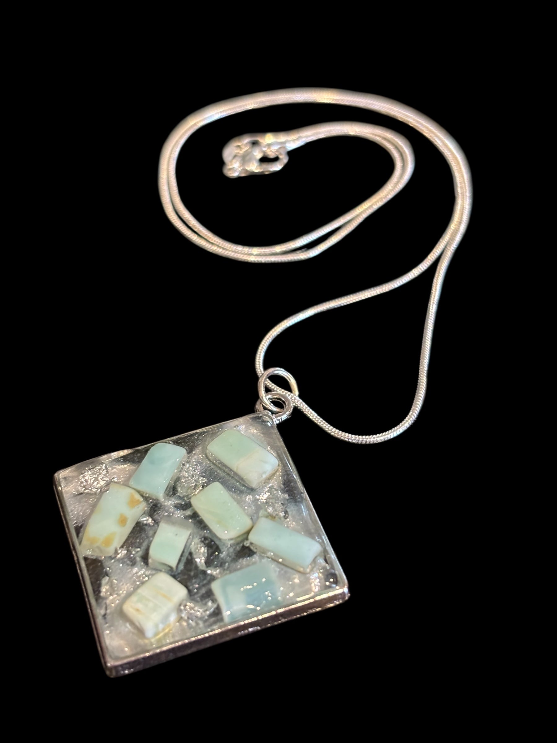 Blue Opal Resin Necklace, Silver Flake Pendant on Snake Chain, Handmade Gemstone Jewelry, Modern Statement Necklace