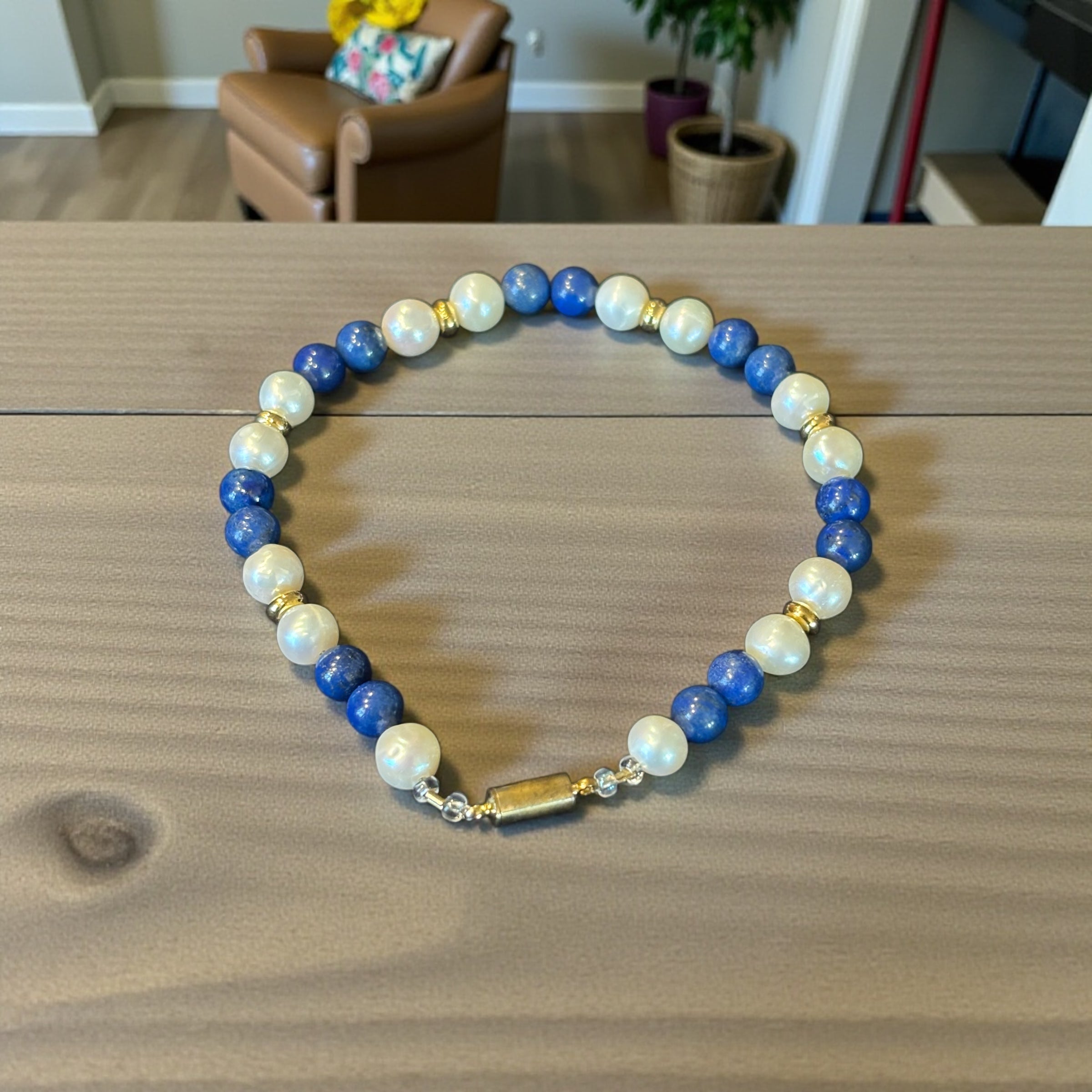 Lapis & Freshwater Pearl Bracelet, 8 Inch Blue and White Gemstone Bracelet with Gold Spacer Beads, Elegant Handmade Jewelry