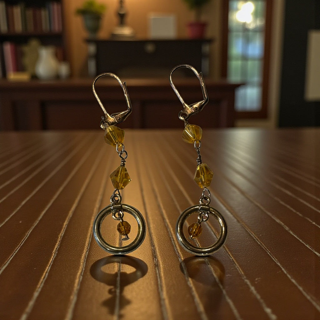 Amber Czech Glass Dangle Earrings, Gold Tone Leverback Earrings, Boho Crystal Drop Earrings, Vintage Style Jewelry Gift for Her