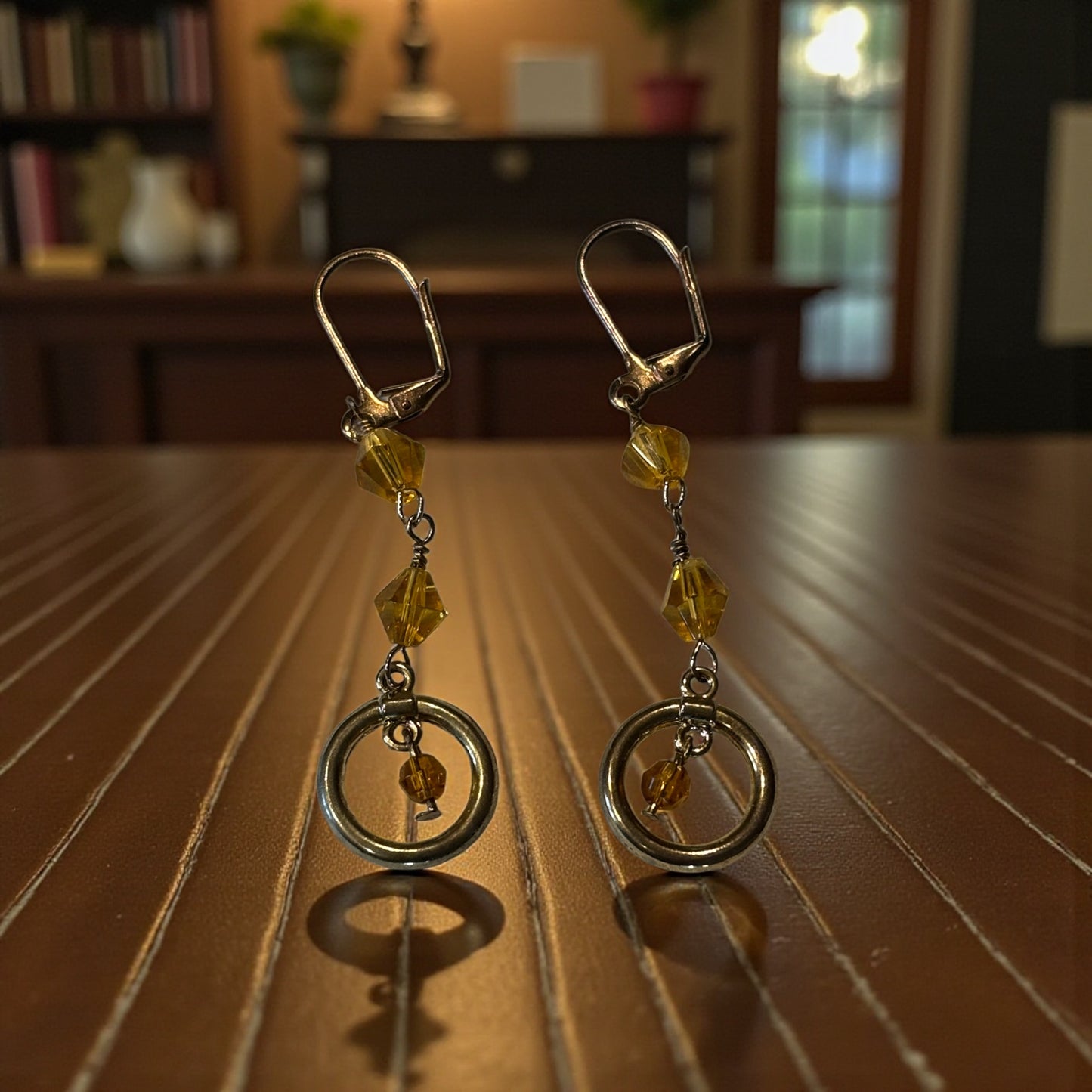 Amber Czech Glass Dangle Earrings, Gold Tone Leverback Earrings, Boho Crystal Drop Earrings, Vintage Style Jewelry Gift for Her