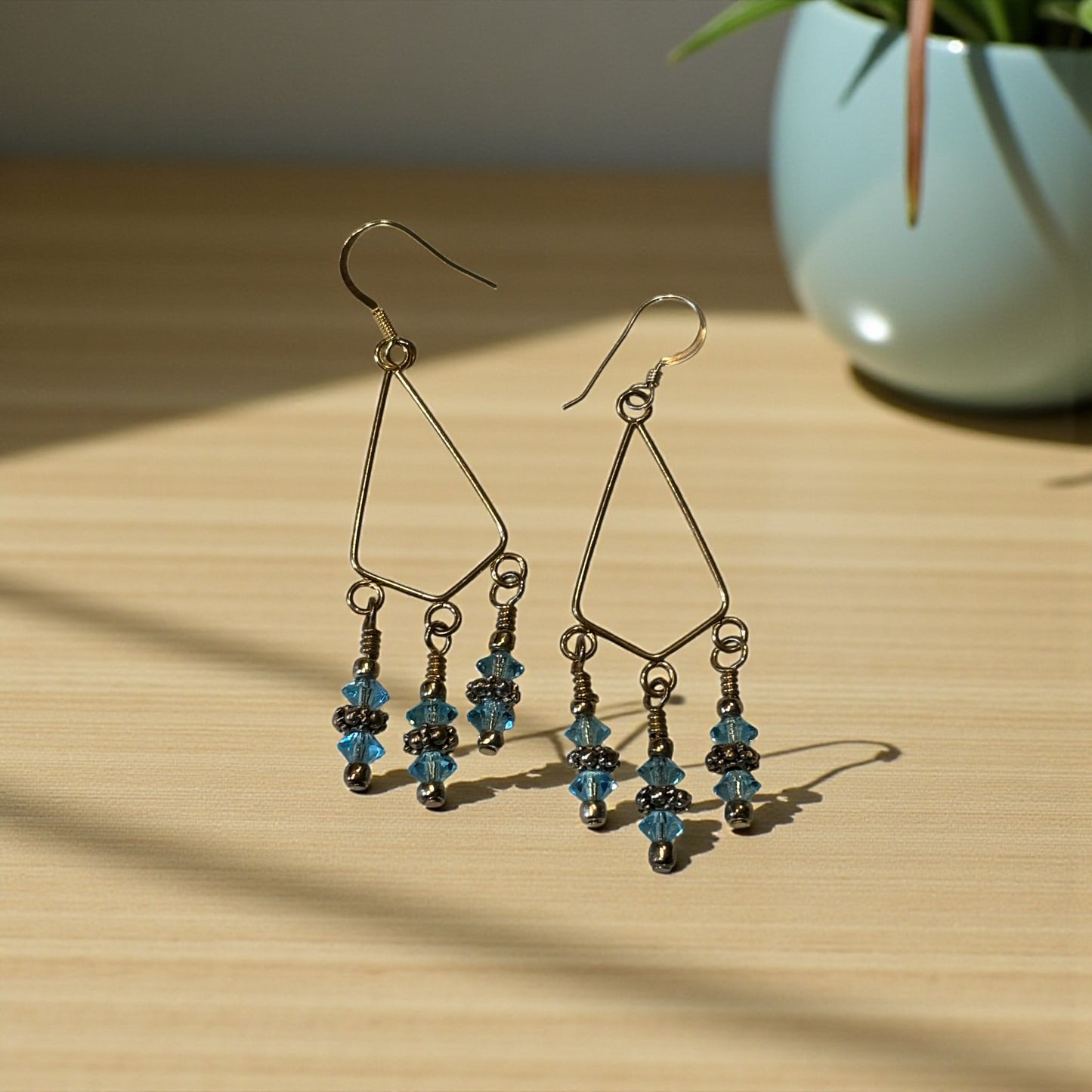 Light Blue Czech Glass Crystal Dangle Earrings, Gold Tone Geometric Drop Earrings, Boho Chandelier Style, Handmade Statement Jewelry