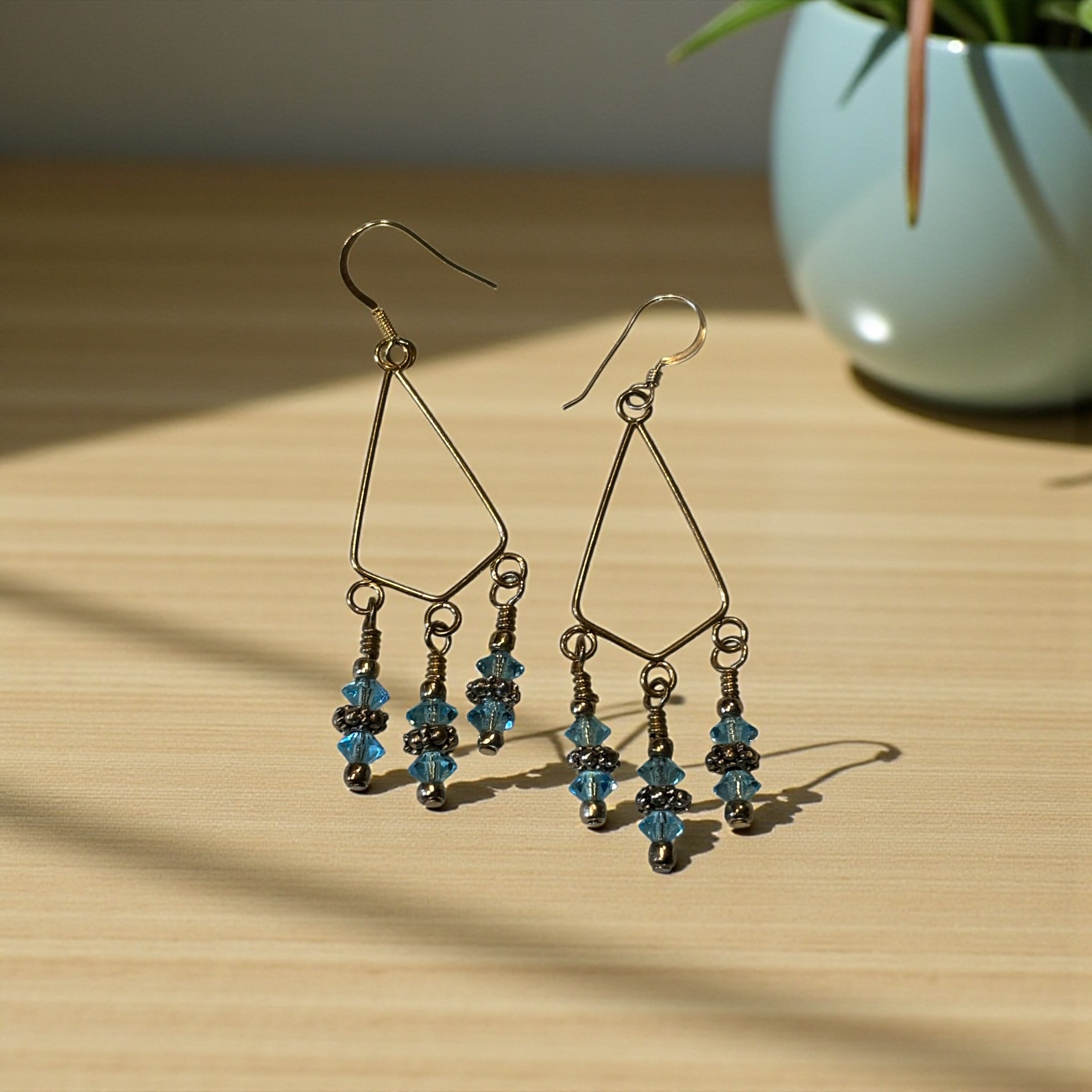 Light Blue Czech Glass Crystal Dangle Earrings, Gold Tone Geometric Drop Earrings, Boho Chandelier Style, Handmade Statement Jewelry