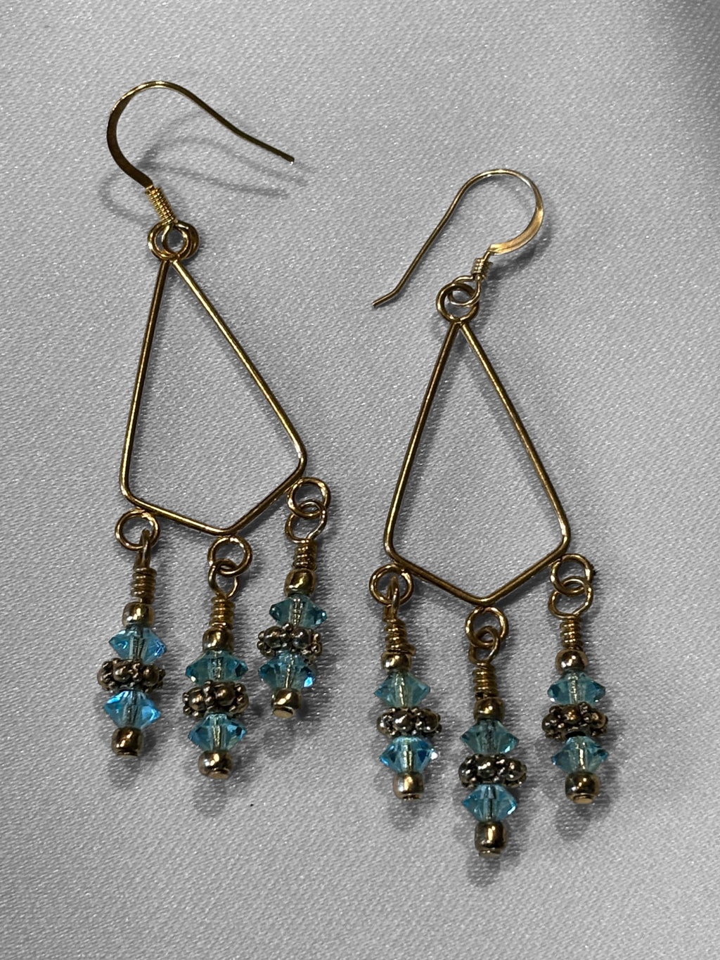 Light Blue Czech Glass Crystal Dangle Earrings, Gold Tone Geometric Drop Earrings, Boho Chandelier Style, Handmade Statement Jewelry