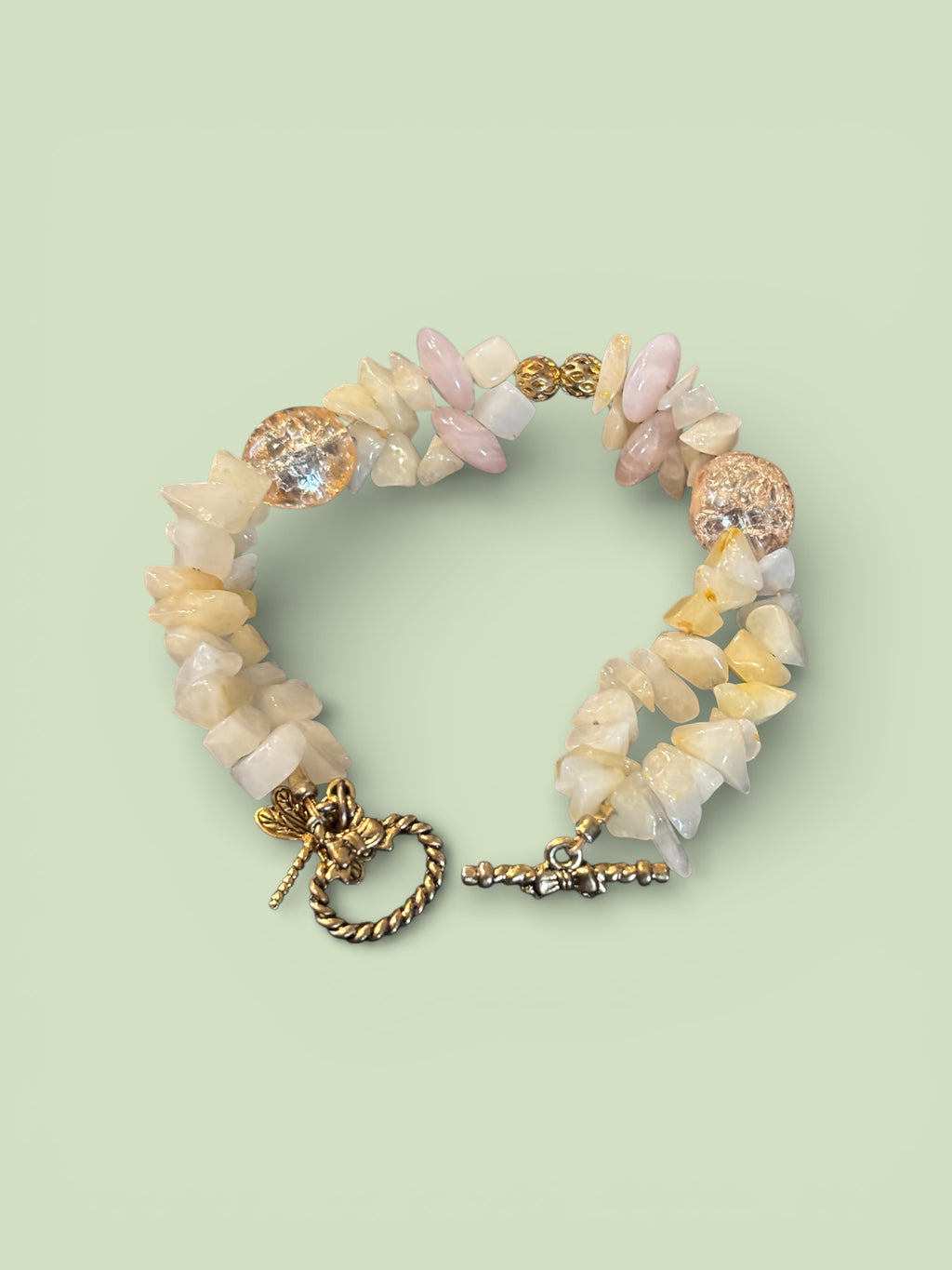 Double Strand Pineapple Quartz Bracelet with Crackle Glass Focal Beads, Dragonfly Charm, Handmade Boho Gemstone Jewelry