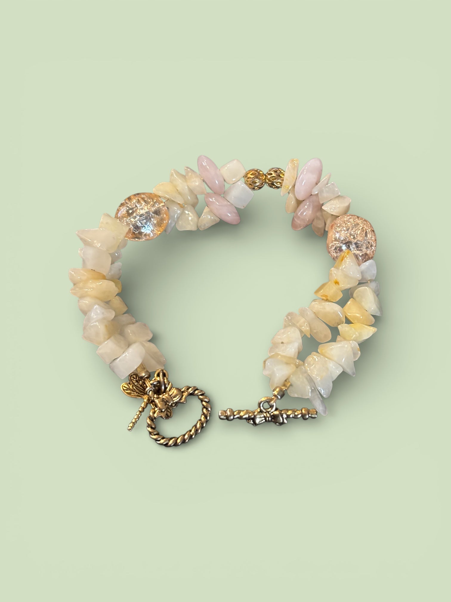 Double Strand Pineapple Quartz Bracelet with Crackle Glass Focal Beads, Dragonfly Charm, Handmade Boho Gemstone Jewelry