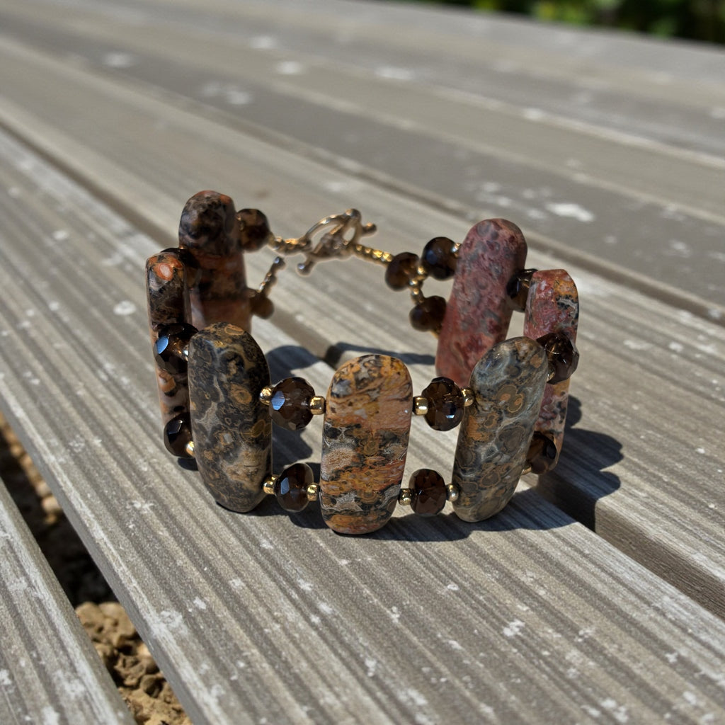 Earthy Stone Bracelet with Brown Czech Glass Beads, 7.5 Inch Handmade Natural Gemstone Bracelet, Rustic Boho Jewelry