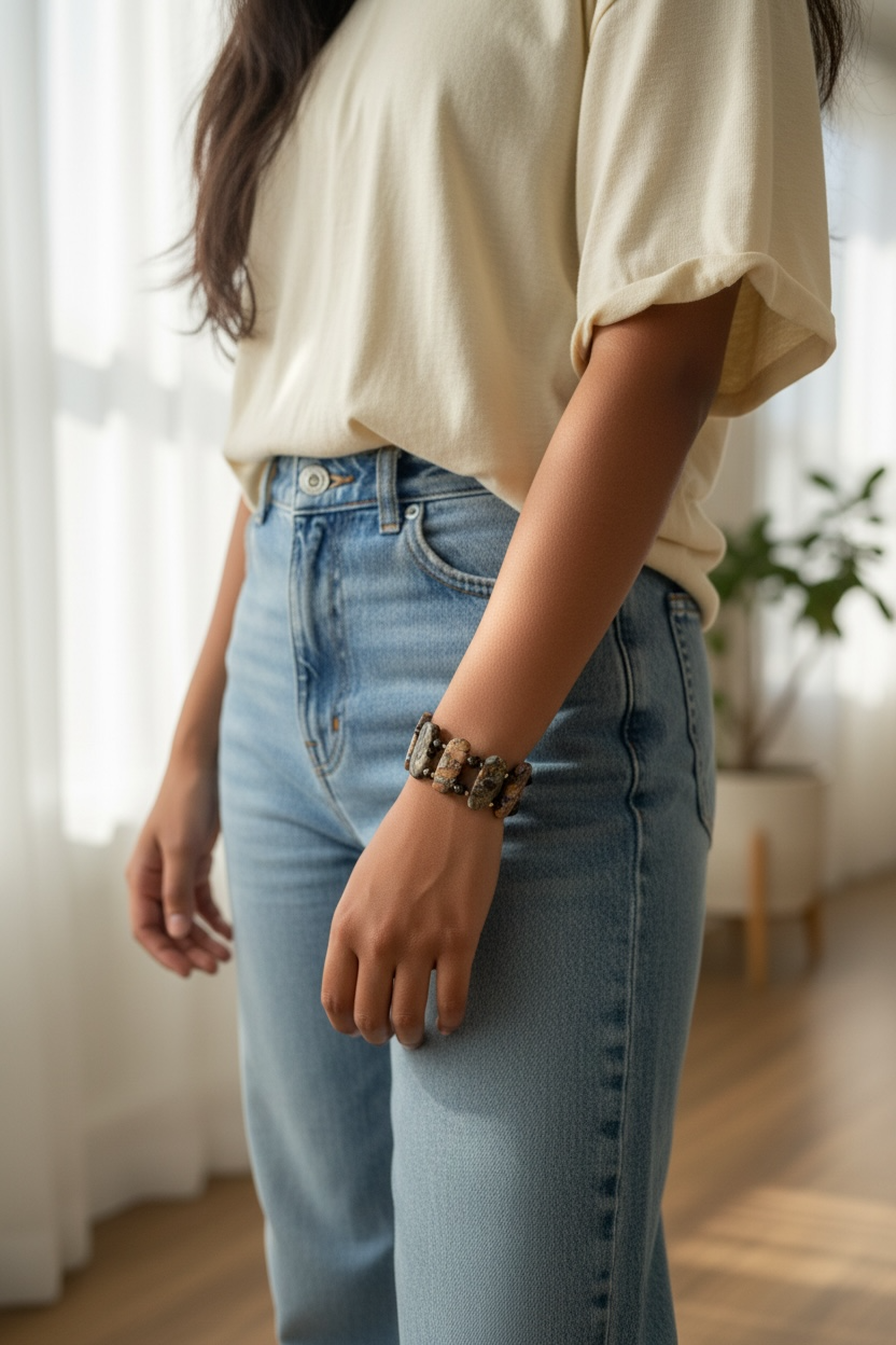 Earthy Stone Bracelet with Brown Czech Glass Beads, 7.5 Inch Handmade Natural Gemstone Bracelet, Rustic Boho Jewelry