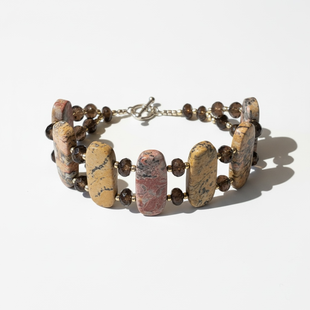 Earthy Stone Bracelet with Brown Czech Glass Beads, 7.5 Inch Handmade Natural Gemstone Bracelet, Rustic Boho Jewelry