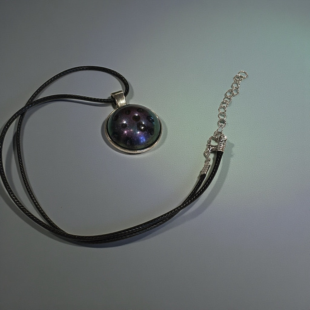 Galaxy Resin Choker Necklace, 18 Inch Celestial Pendant on Black Waxed Cotton Cord with Extender, Space Inspired Jewelry