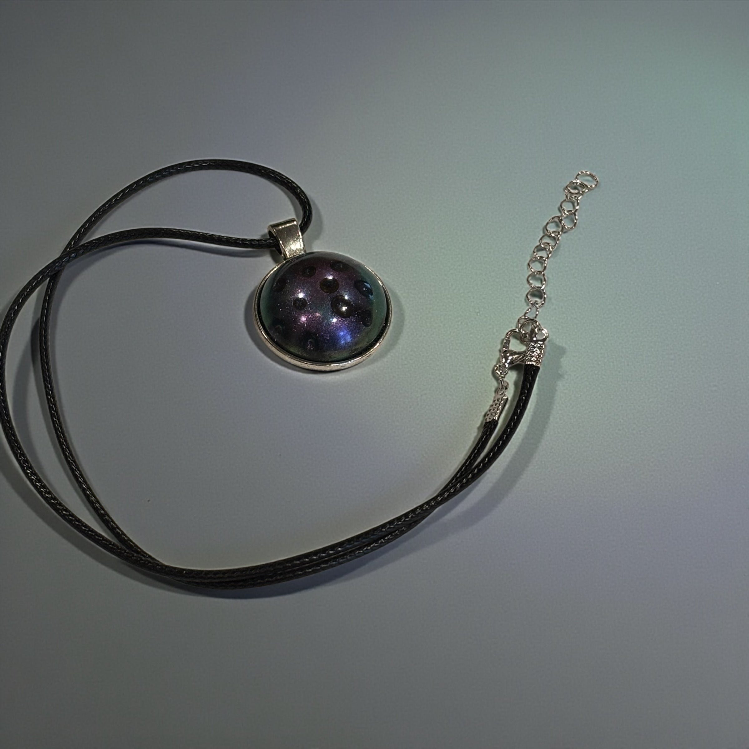 Galaxy Resin Choker Necklace, 18 Inch Celestial Pendant on Black Waxed Cotton Cord with Extender, Space Inspired Jewelry