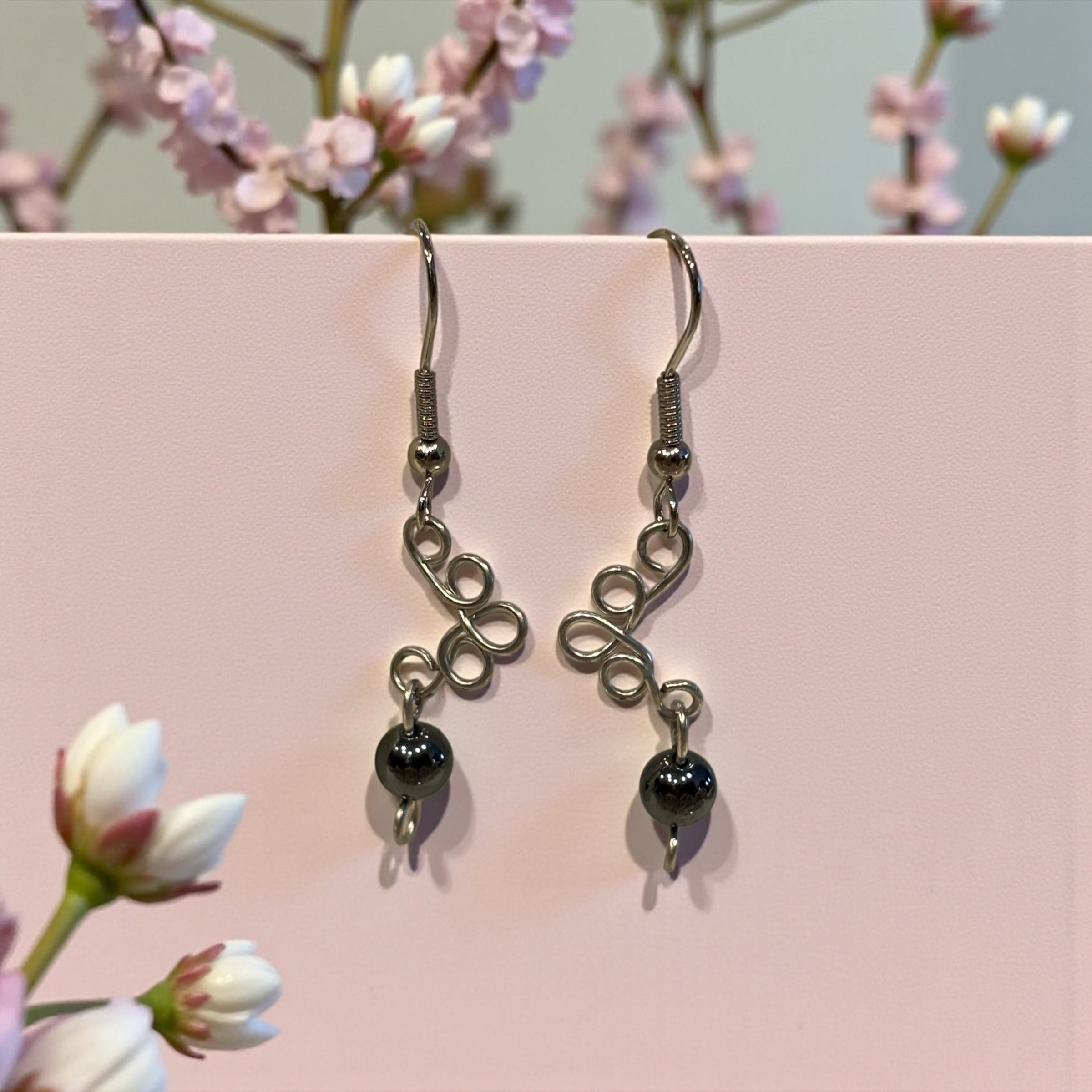 Hand Wired Hematite Dangle Earrings, Minimalist Silver Wire Earrings, Modern Artisan Jewelry, Grounding Stone Gift