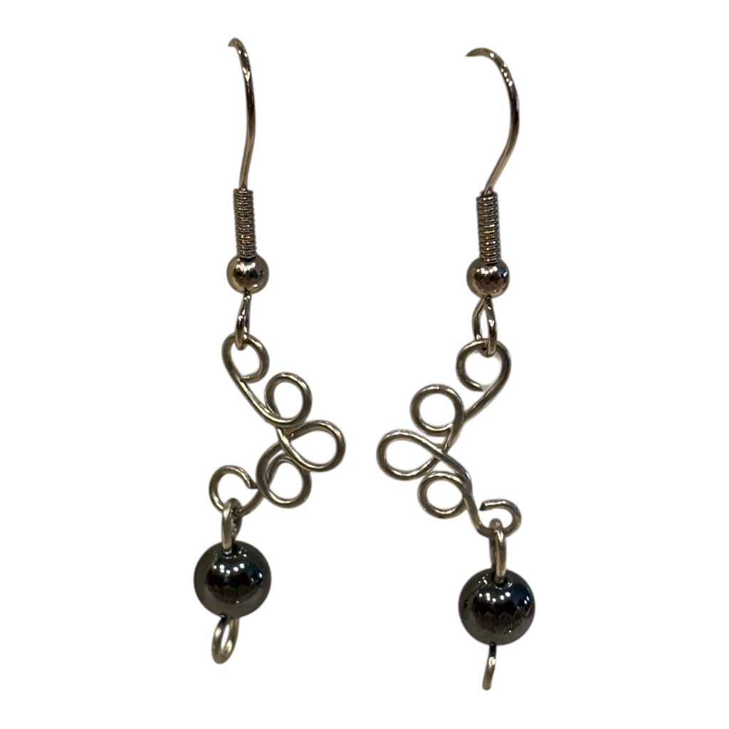 Hand Wired Hematite Dangle Earrings, Minimalist Silver Wire Earrings, Modern Artisan Jewelry, Grounding Stone Gift