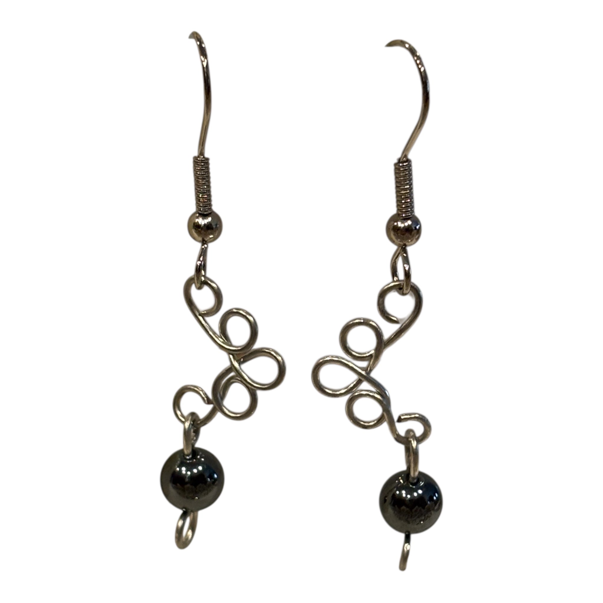 Hand Wired Hematite Dangle Earrings, Minimalist Silver Wire Earrings, Modern Artisan Jewelry, Grounding Stone Gift