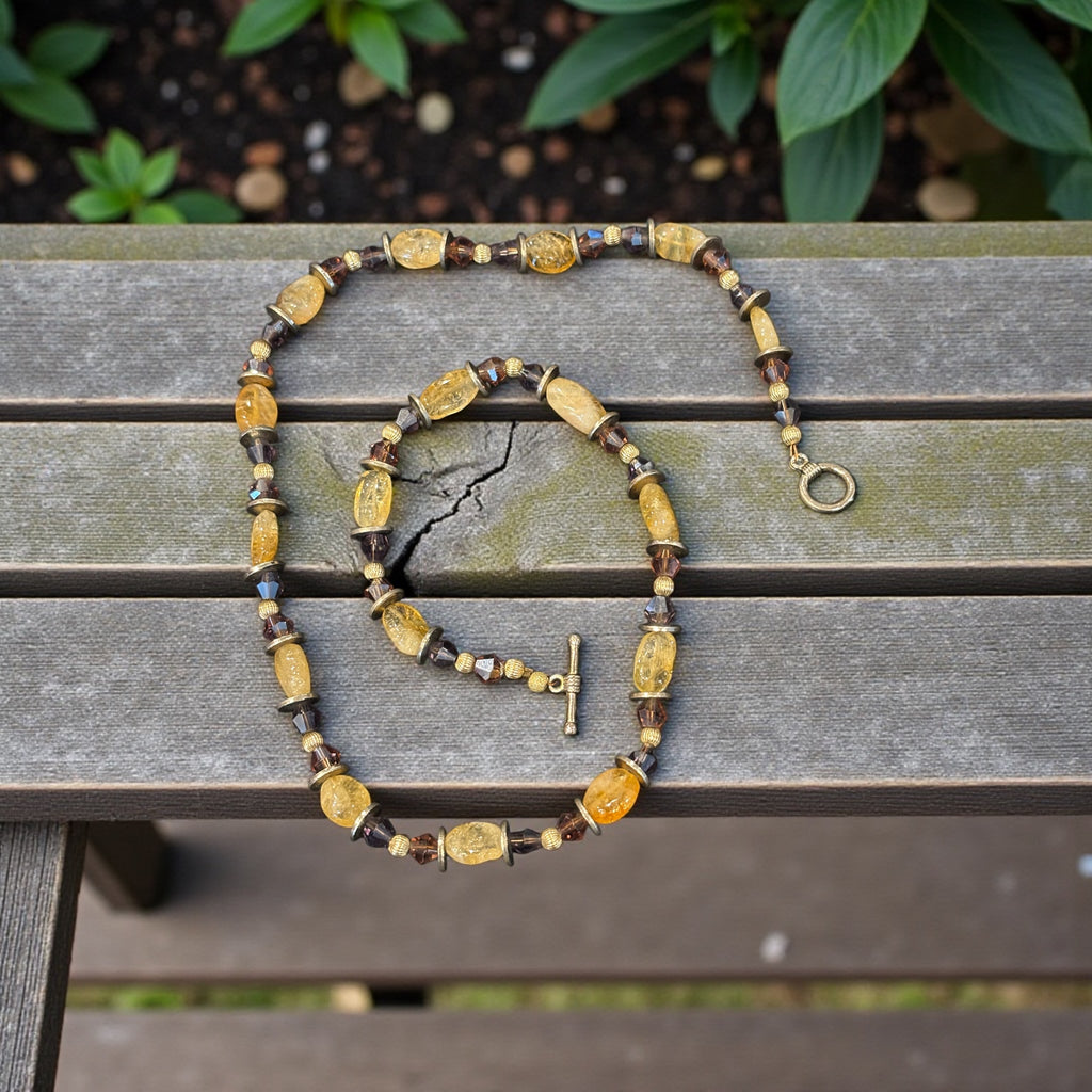 Citrine and Purple Crystal Necklace, Gold Spacer Bead Necklace, Handmade Gemstone Jewelry, Warm Yellow Citrine Necklace, Gift for Her